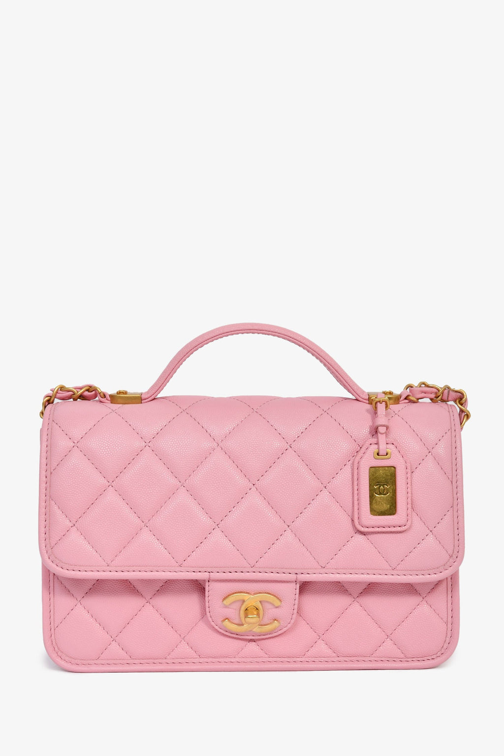 Pre-Loved Chanel™ 2022 Bubblegum Pink Caviar 'School Memory' Top Handle with Aged Gold Hardware