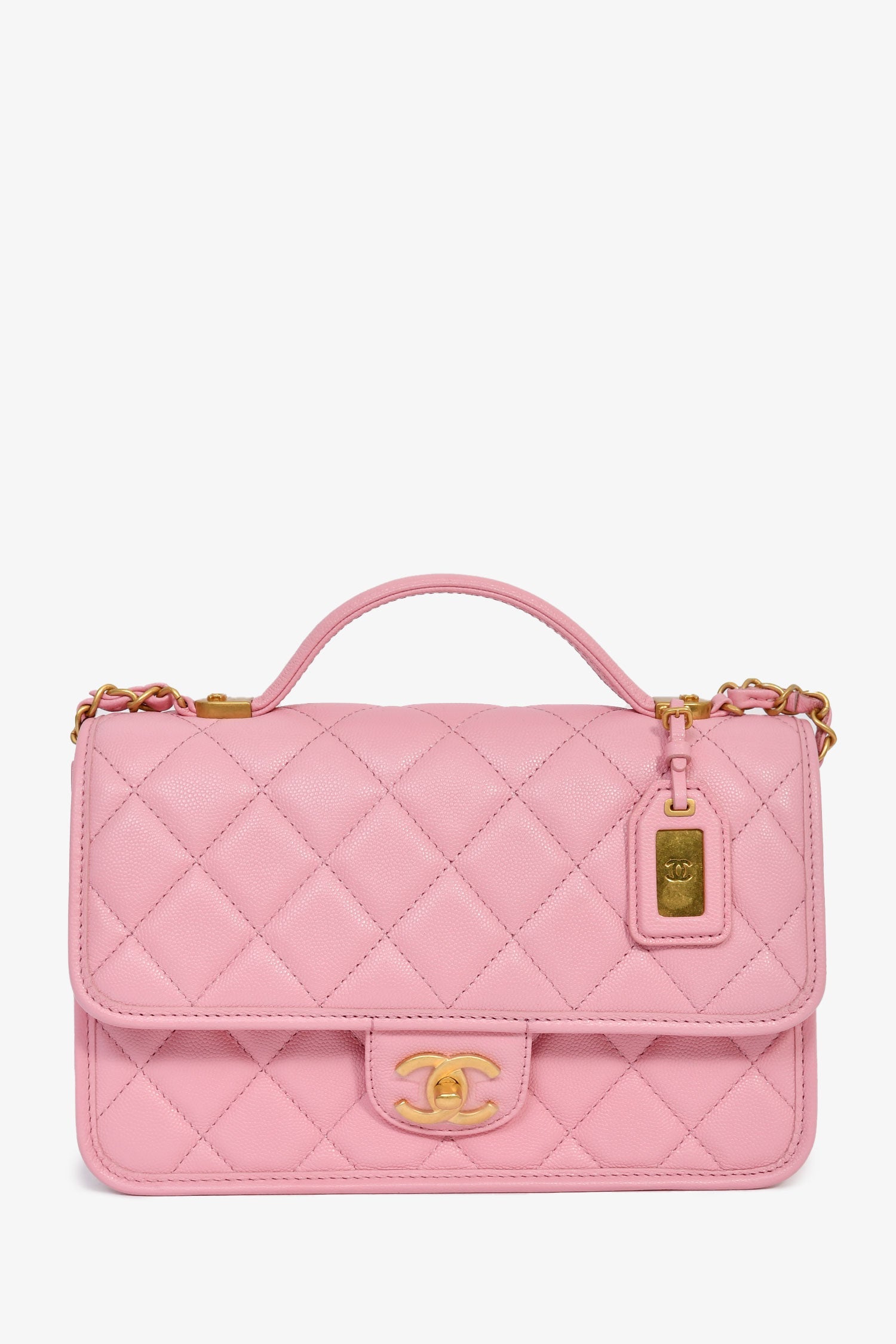 Pre-Loved Chanel™ 2022 Bubblegum Pink Caviar 'School Memory' Top Handle with Aged Gold Hardware