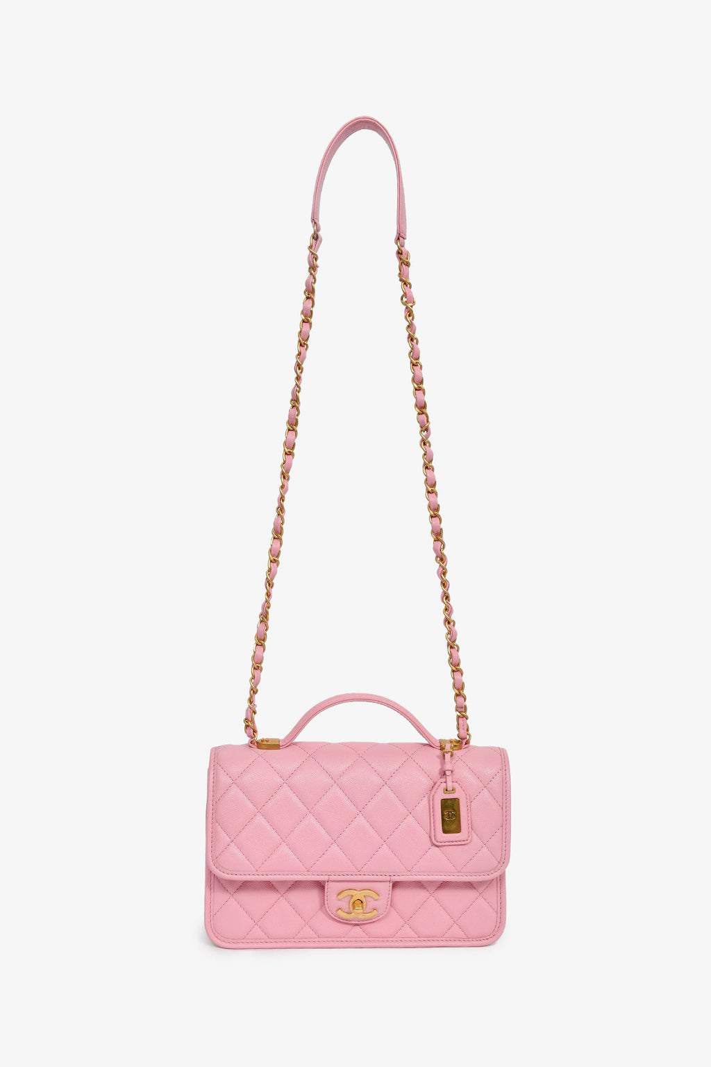 Pre-Loved Chanel™ 2022 Bubblegum Pink Caviar 'School Memory' Top Handle with Aged Gold Hardware