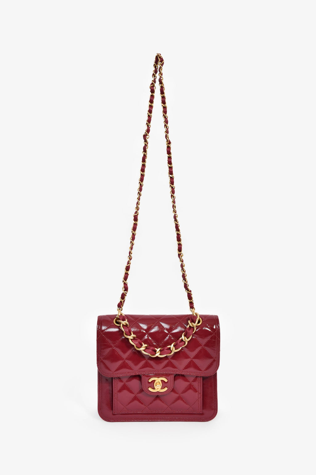 Pre-Loved Chanel™ 2023 Raspberry Patent Quilted Leather Square Chain Bag