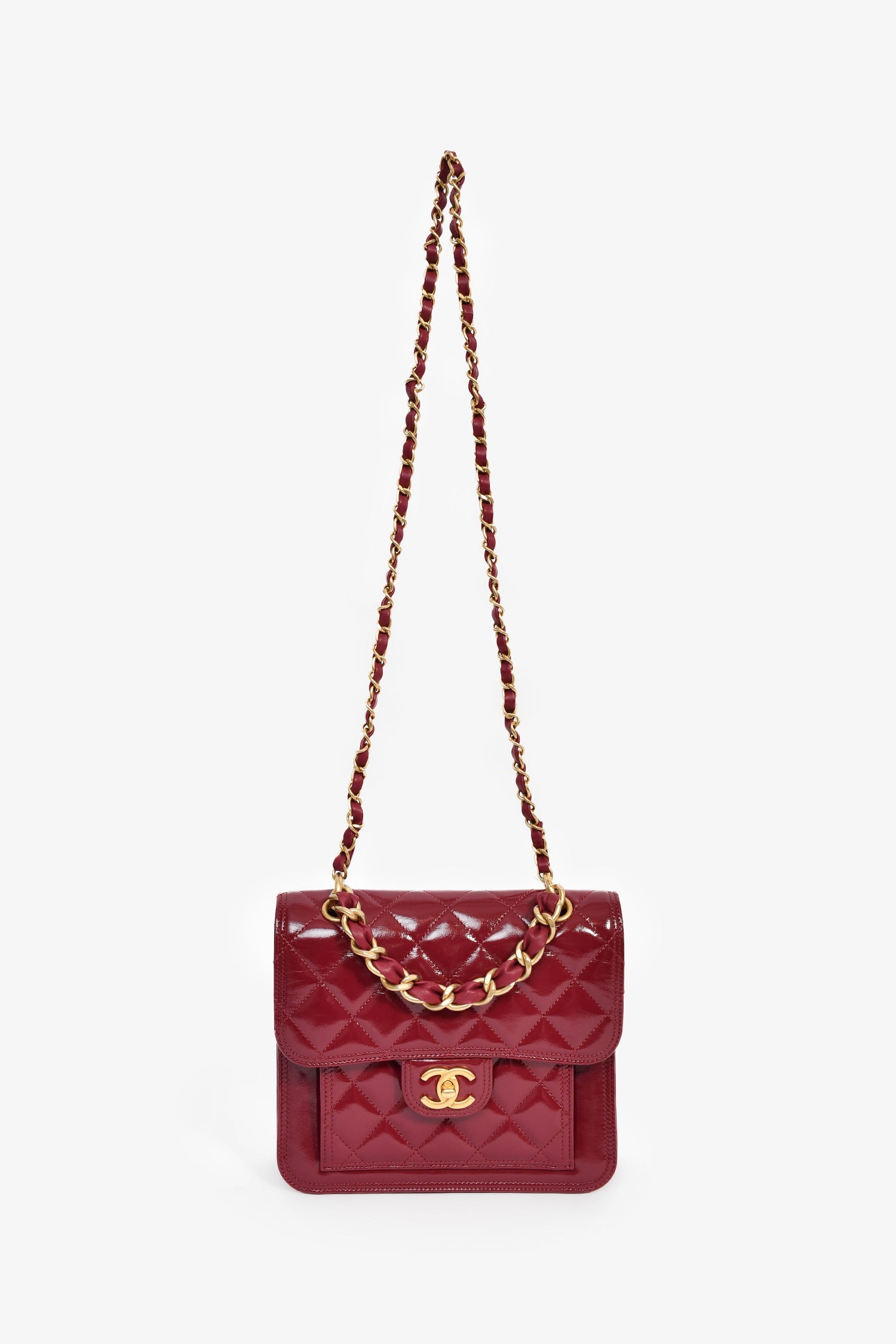 Pre-Loved Chanel™ 2023 Raspberry Patent Quilted Leather Square Chain Bag