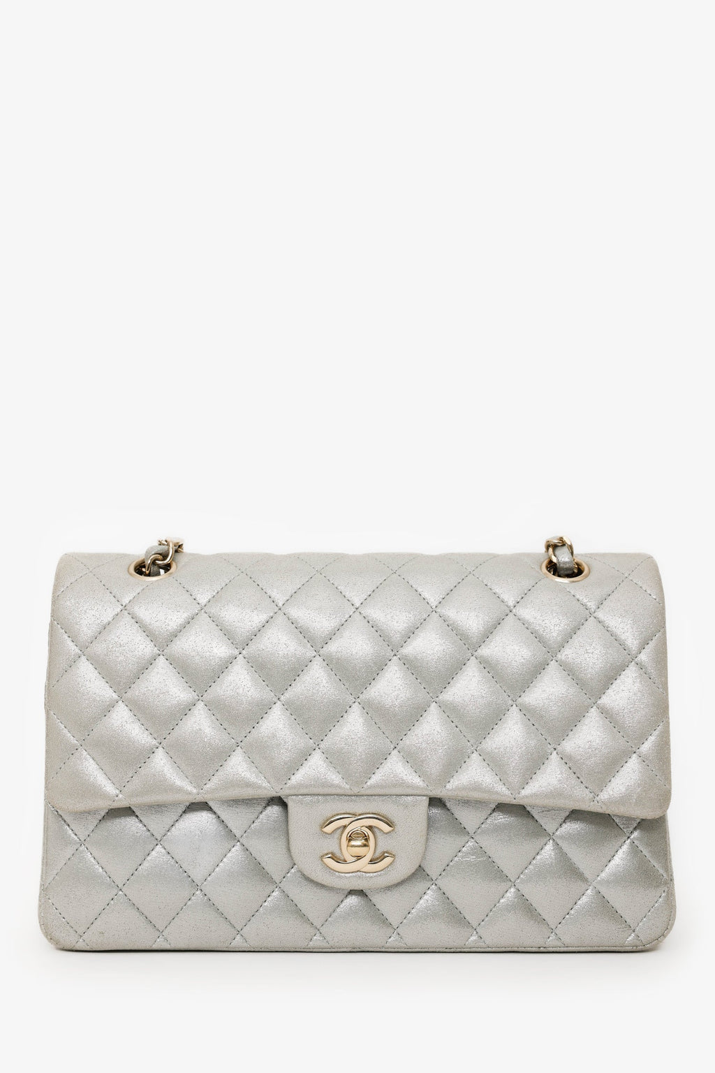 Pre-Loved Chanel™ 2011-12 Silver Metallic Fabric Small Classic Double Flap Bag