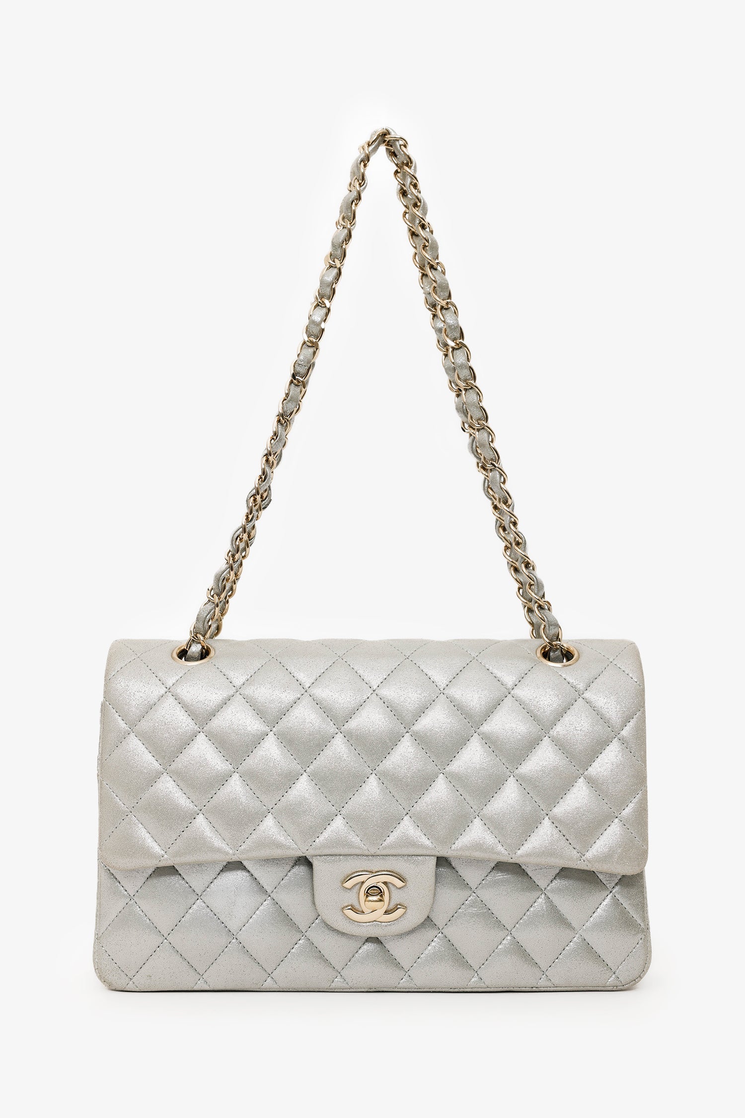 Pre-Loved Chanel™ 2011-12 Silver Metallic Fabric Small Classic Double Flap Bag