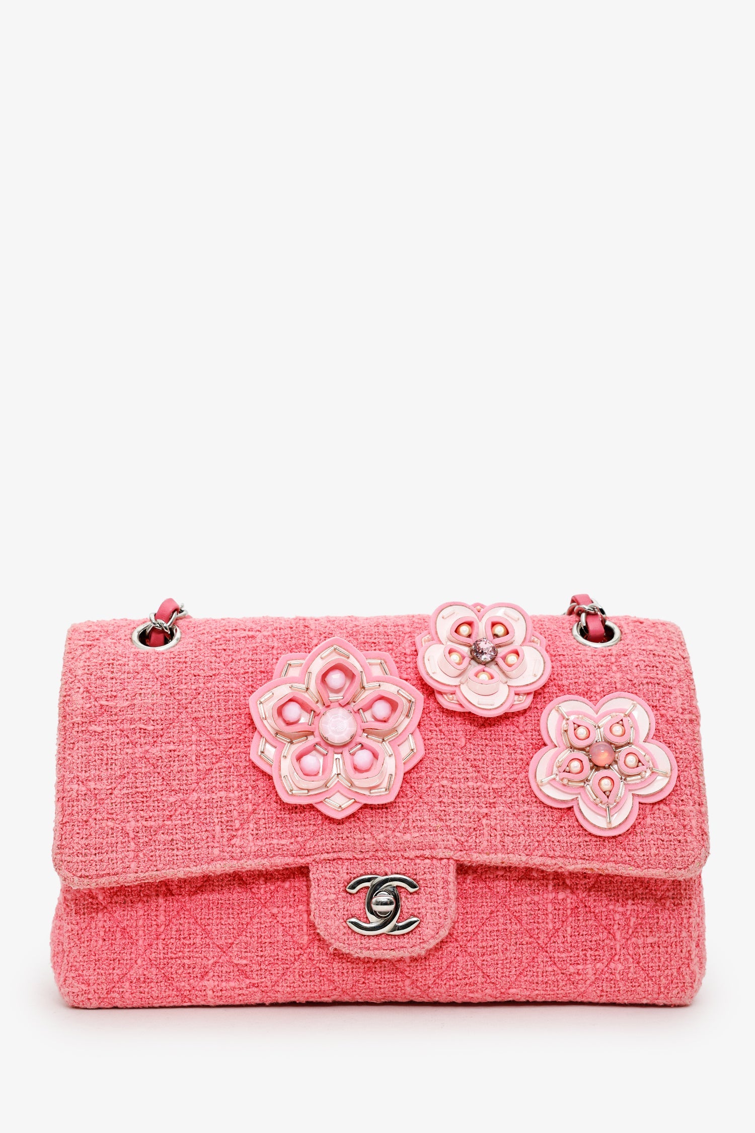 Pre-Loved Chanel™ 2016 Pink Tweed Flower Classic Double Medium Flap Bag