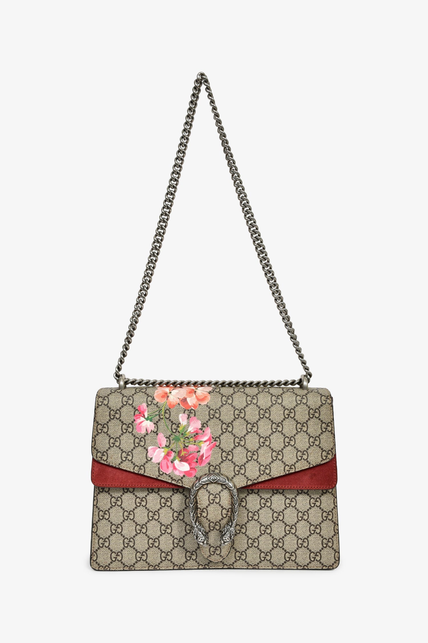 Gucci GG Supreme Blooms Canvas/Burgundy Suede Dionysus Medium Shoulder Bag