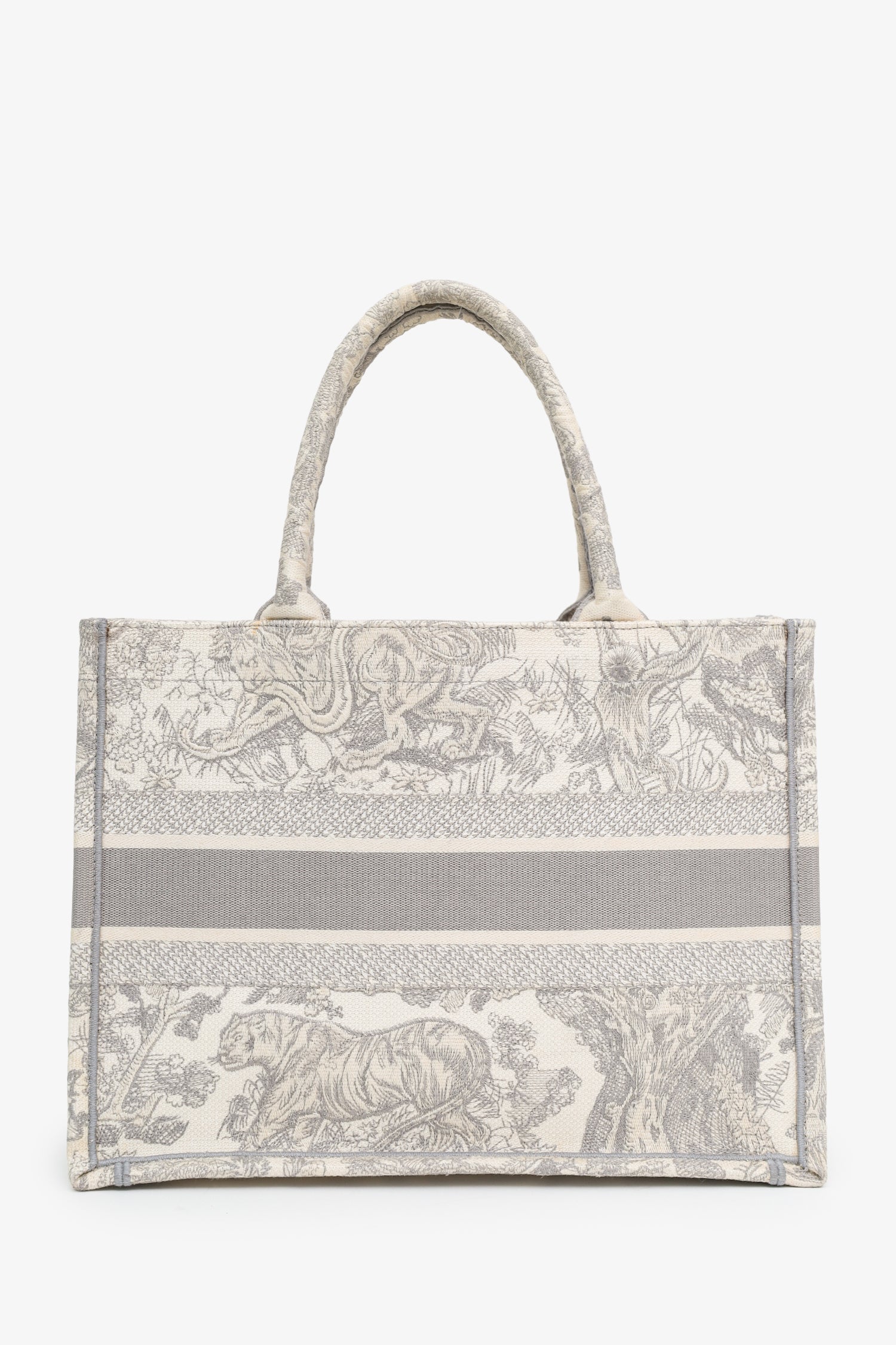 Christian Dior 2021 Grey Canvas Toile de Jouy Embroidered Medium Book Tote