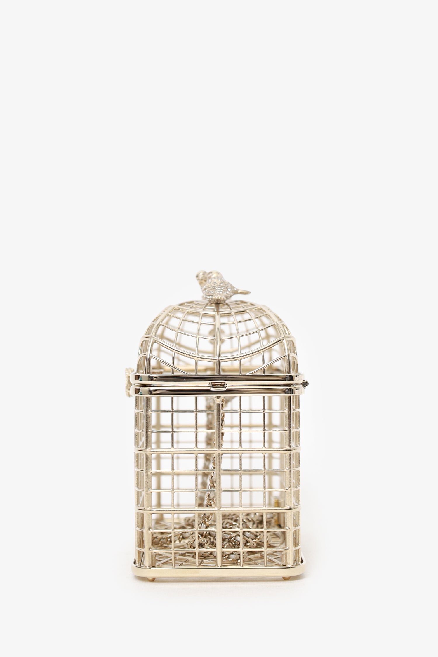 Pre-Loved Chanel™ 2025 S/S Runway Gold Toned Metal Crystal Strass 'Bird Cage Minaudière' Bag