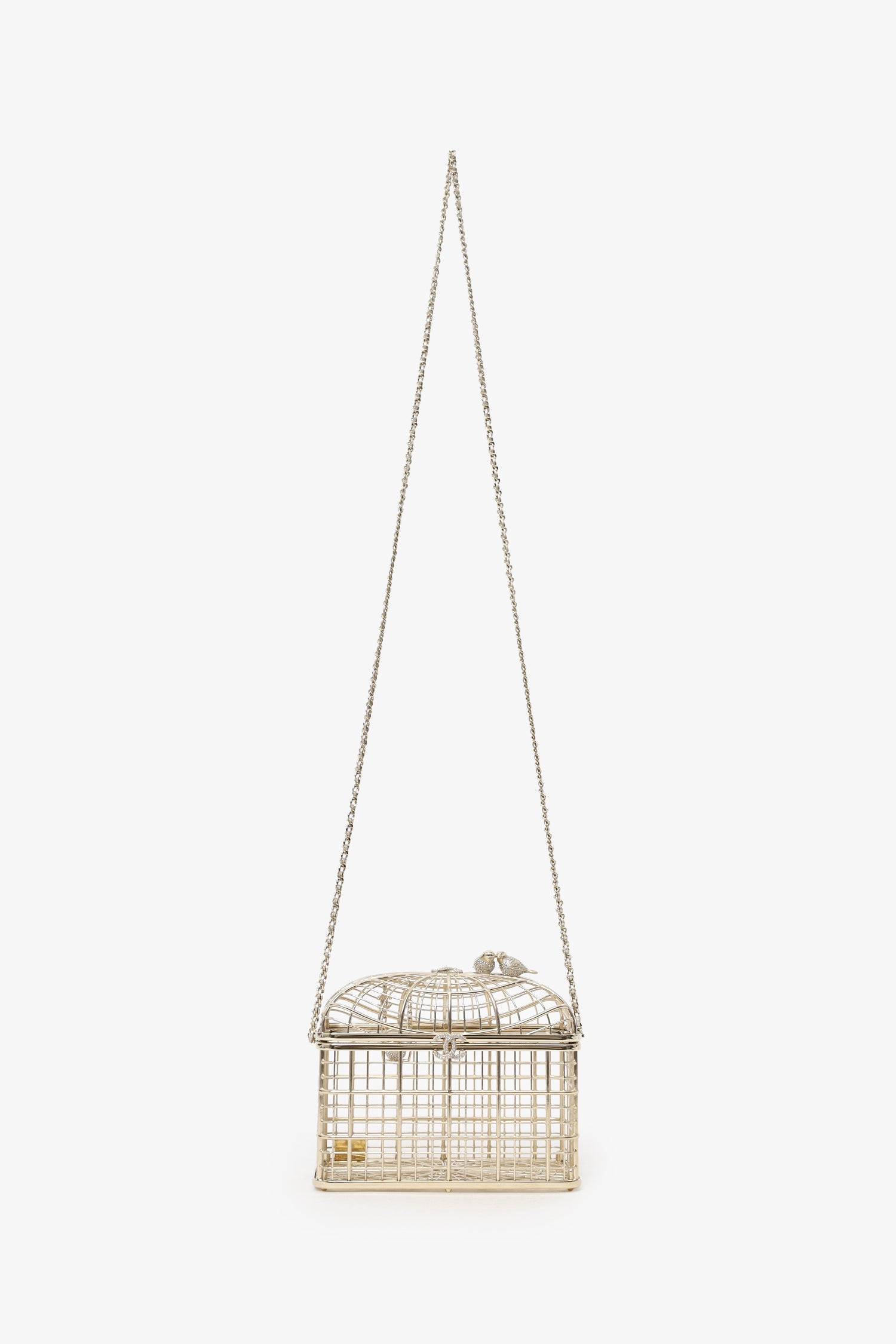 Pre-Loved Chanel™ 2025 S/S Runway Gold Toned Metal Crystal Strass 'Bird Cage Minaudière' Bag
