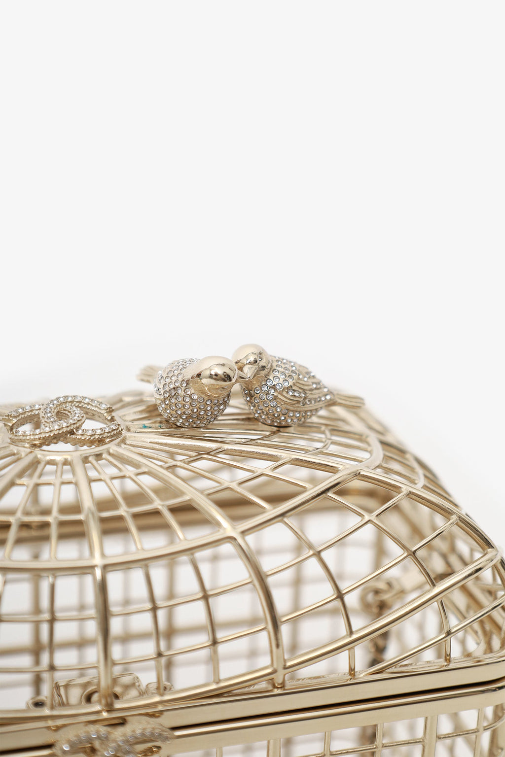 Pre-Loved Chanel™ 2025 S/S Runway Gold Toned Metal Crystal Strass 'Bird Cage Minaudière' Bag