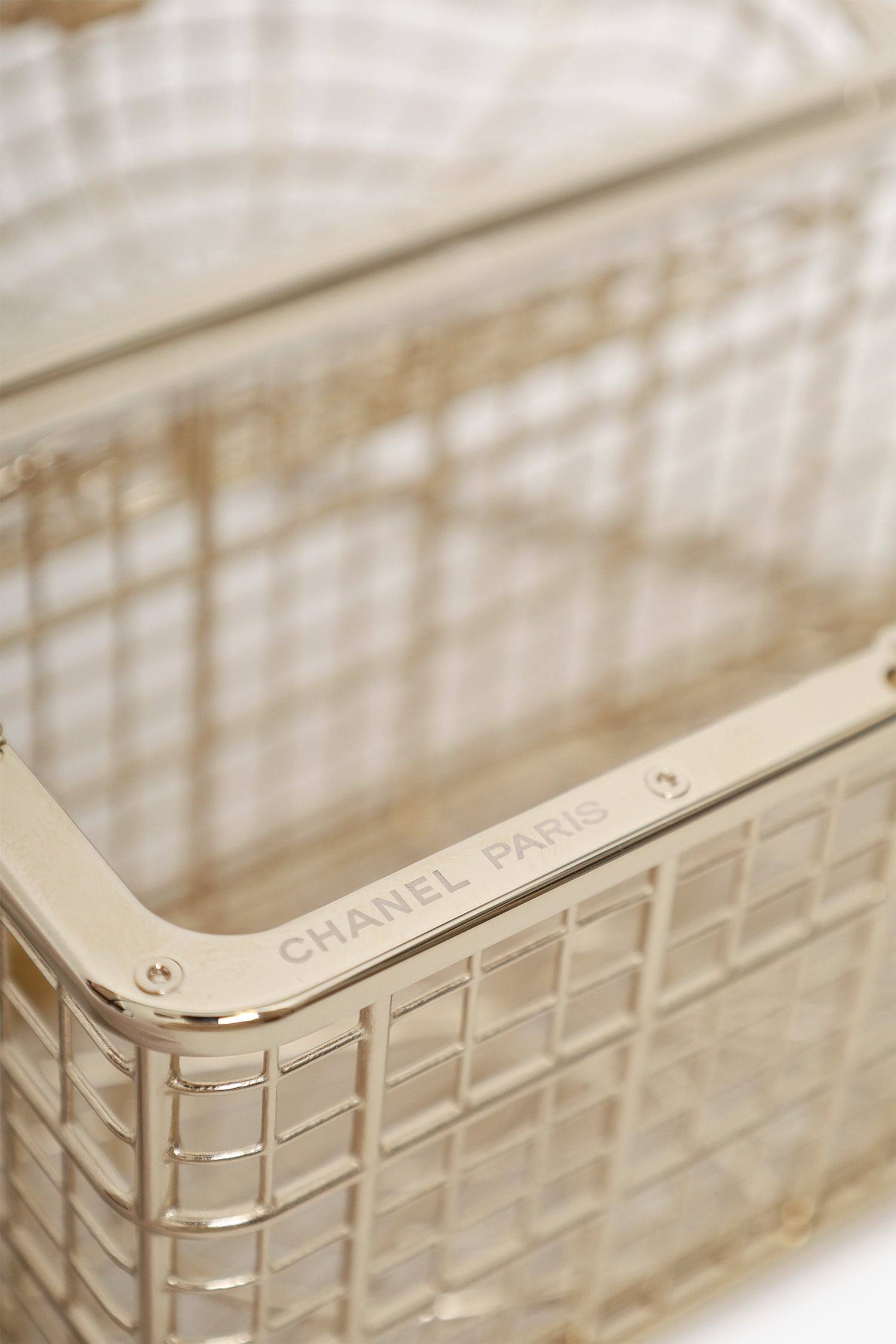 Pre-Loved Chanel™ 2025 S/S Runway Gold Toned Metal Crystal Strass 'Bird Cage Minaudière' Bag