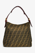 Fendi Brown Zucca Canvas/Red Leather 'Piccola' Shoulder Bag