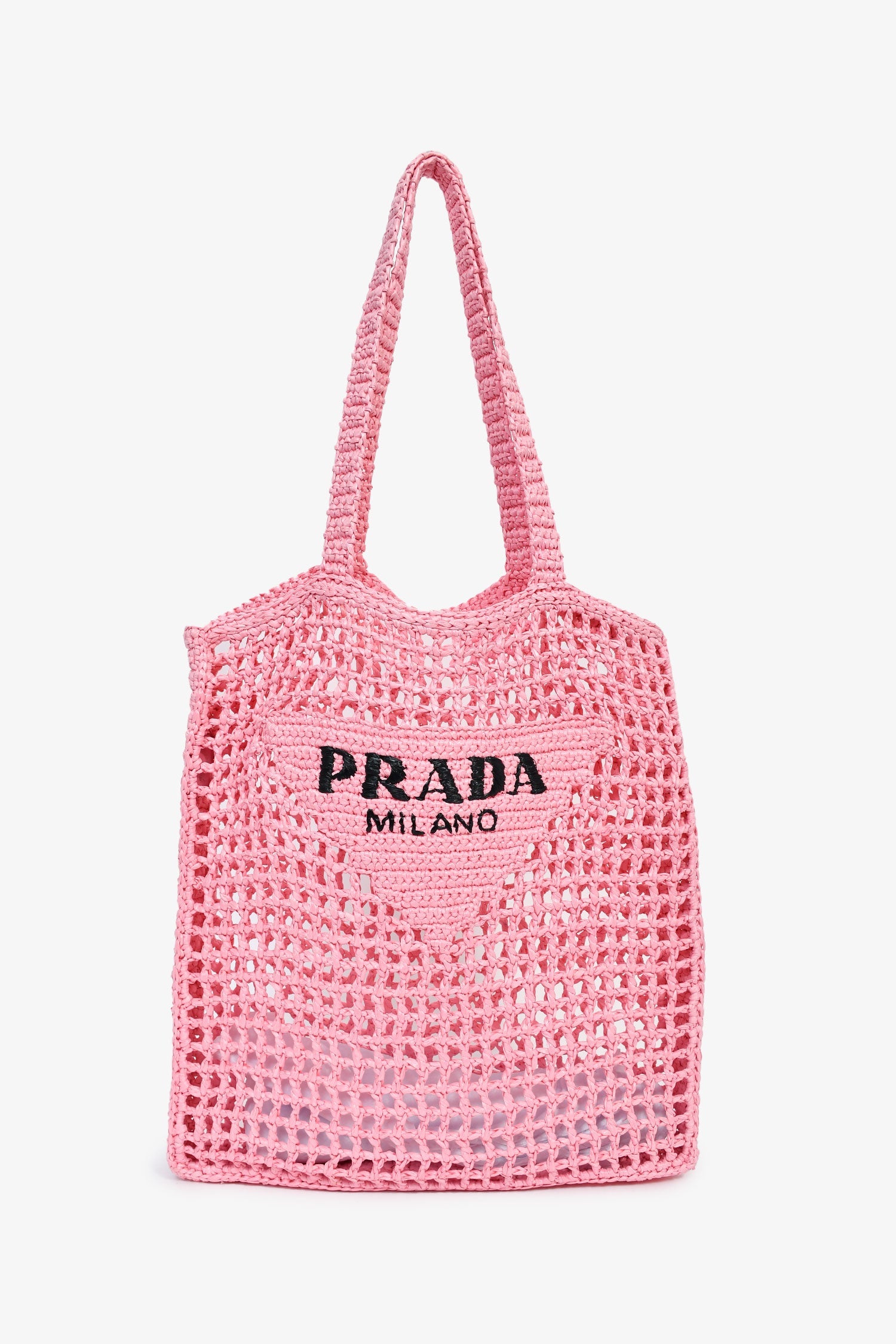 Prada Pink Raffia Crochet Logo Embroidered Tote Bag