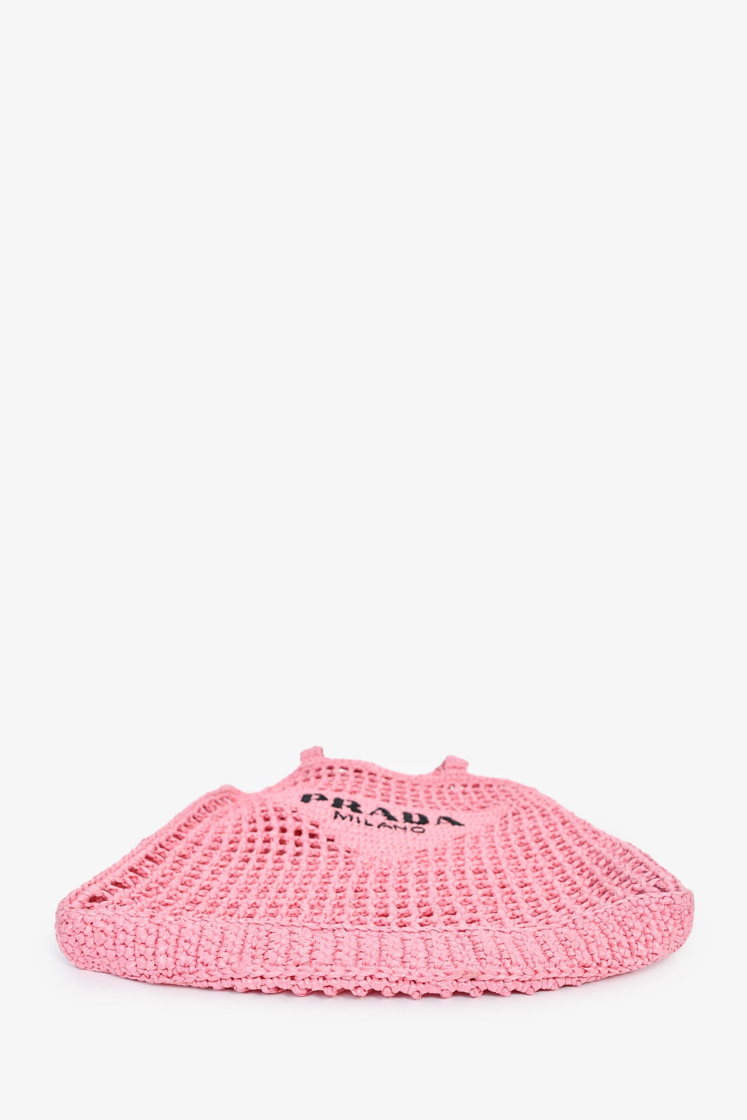 Prada Pink Raffia Crochet Logo Embroidered Tote Bag