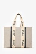 Chloe Beige/Navy Fabric Black Leather Trim Logo Woody Large Tote