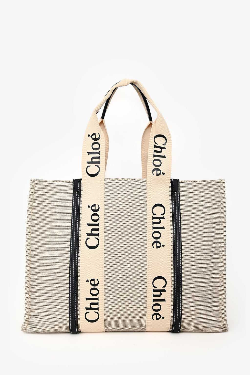 Chloe Beige/Navy Fabric Black Leather Trim Logo Woody Large Tote
