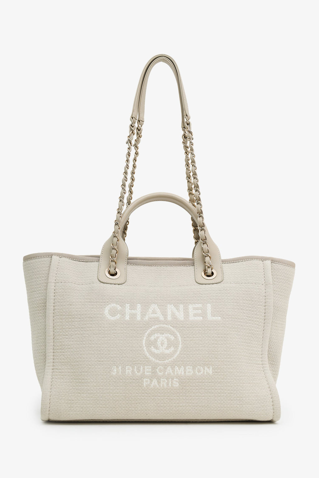 Pre-Loved Chanel™ Beige Canvas Small Deauville Tote With Pouch