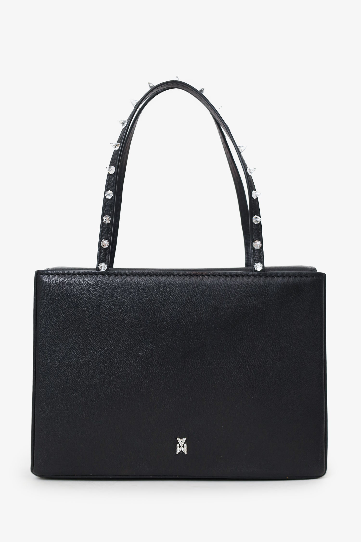 Amina Muaddi Black Leather Rhinestone Embellished 'Gilda' Mini Top Handle Bag