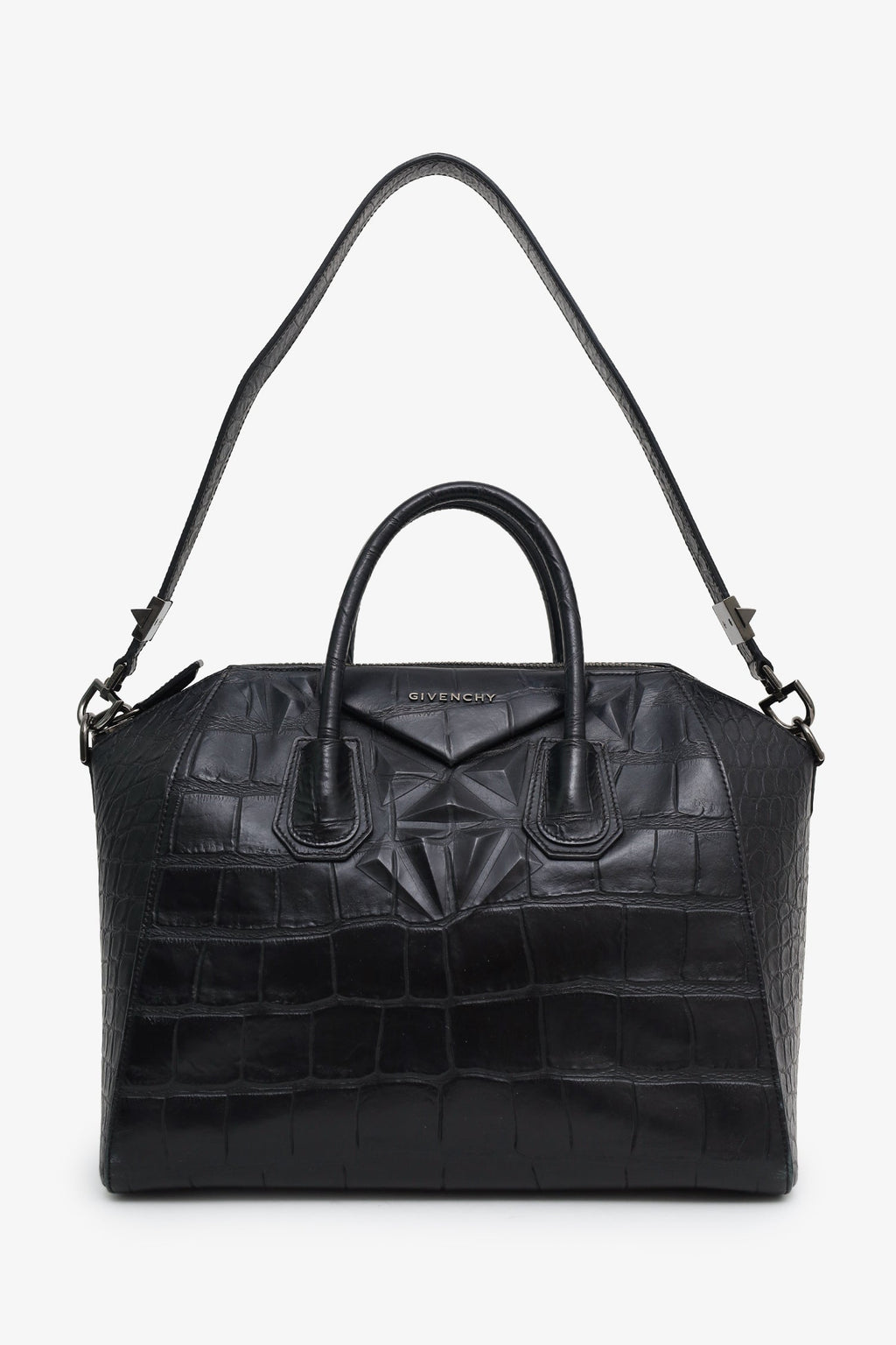 Givenchy Black Embossed Medium Antigona Top Handle Bag With Strap