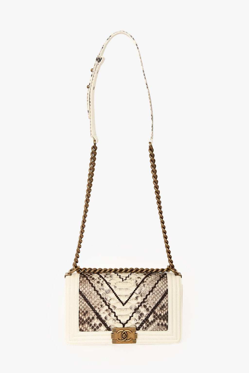 Pre-loved Chanel™ 2015/16 White Python Skin Leather Boy Bag