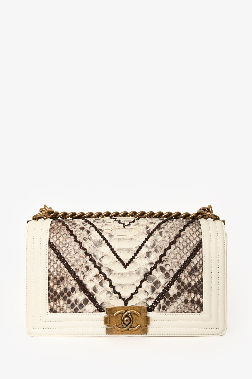 Pre-loved Chanel™ 2015/16 White Python Skin Leather Boy Bag