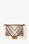 Pre-loved Chanel™ 2015/16 White Python Skin Leather Boy Bag