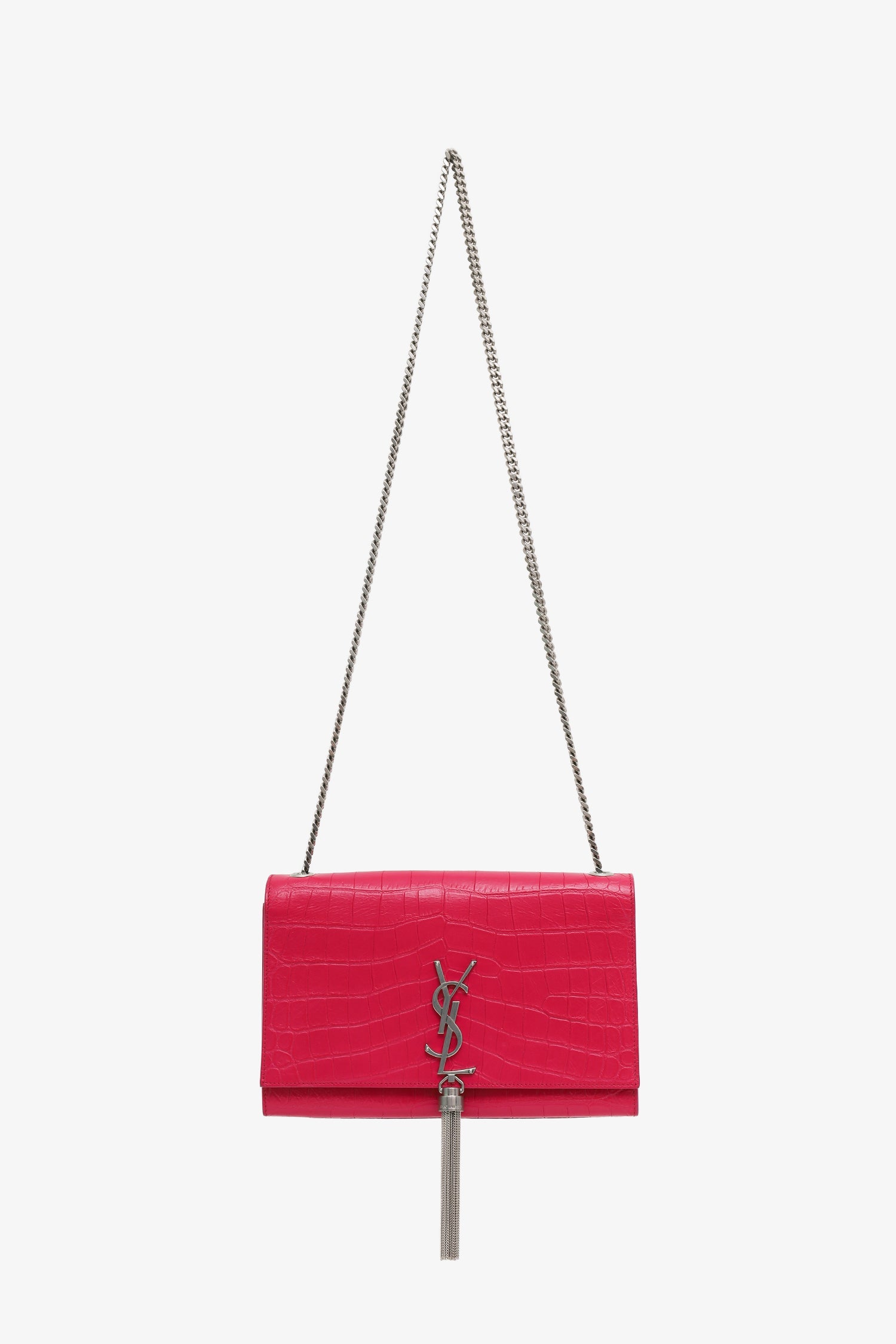 Saint Laurent Pink Leather Croc Embossed Medium 'Kate' Tassel Crossbody Bag