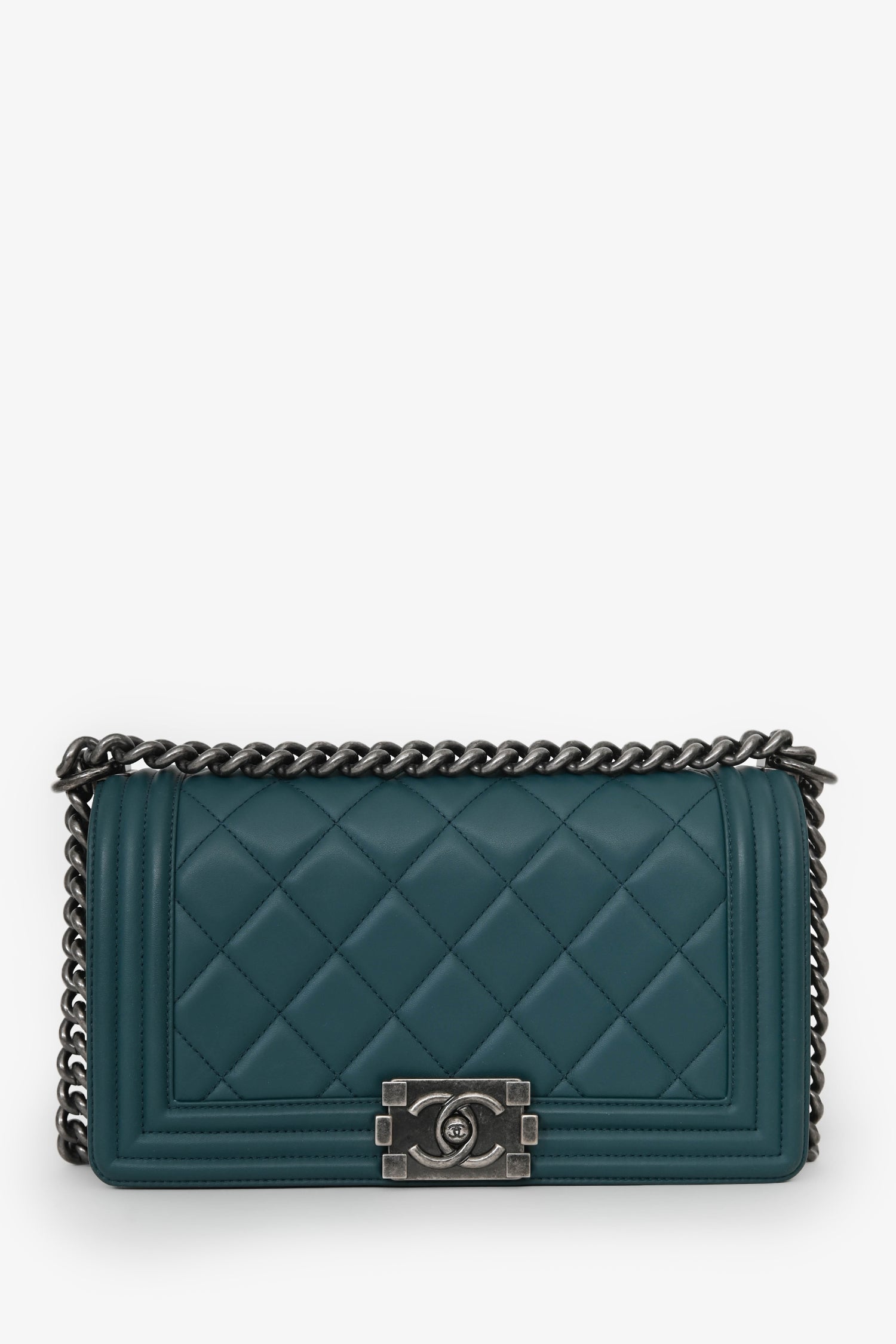 Pre-Loved Chanel™ 2014 Green Lambskin Old Medium Boy Bag