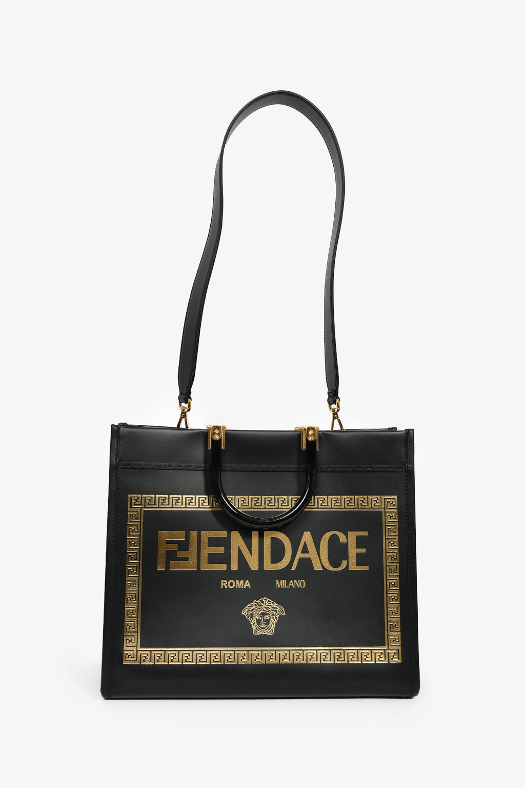 Fendi x Versace Black Leather 'Fendace Sunshine Shopper' Tote