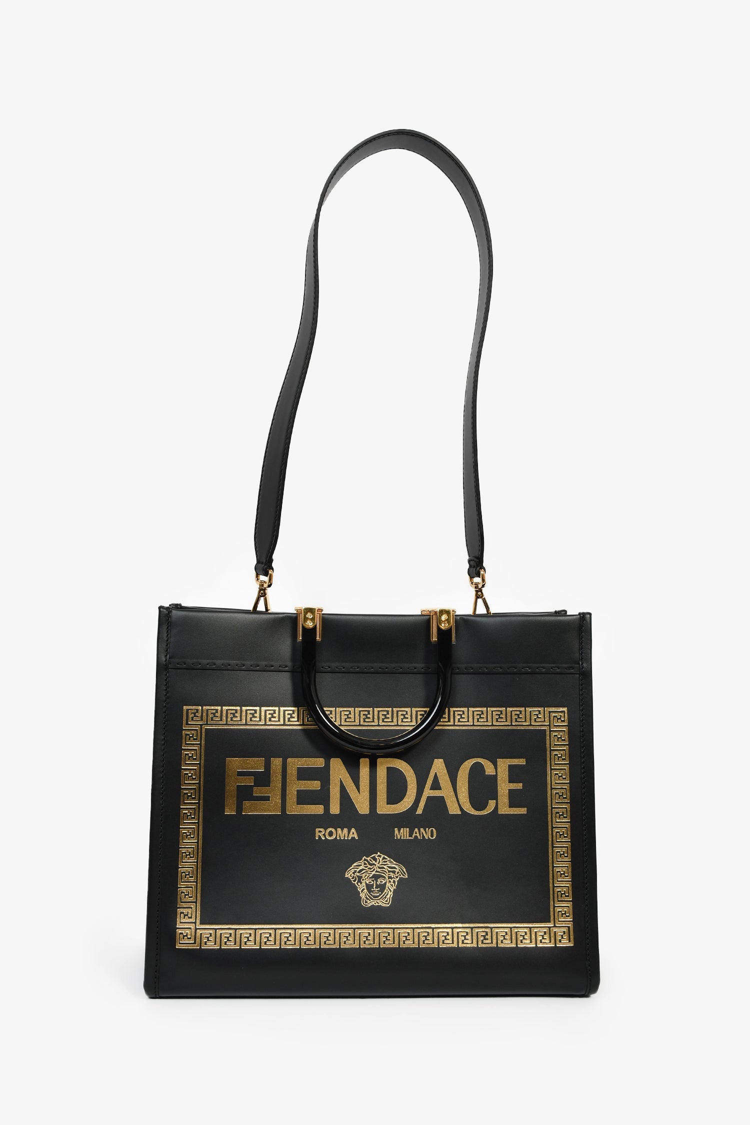 Fendi x Versace Black Leather 'Fendace Sunshine Shopper' Tote