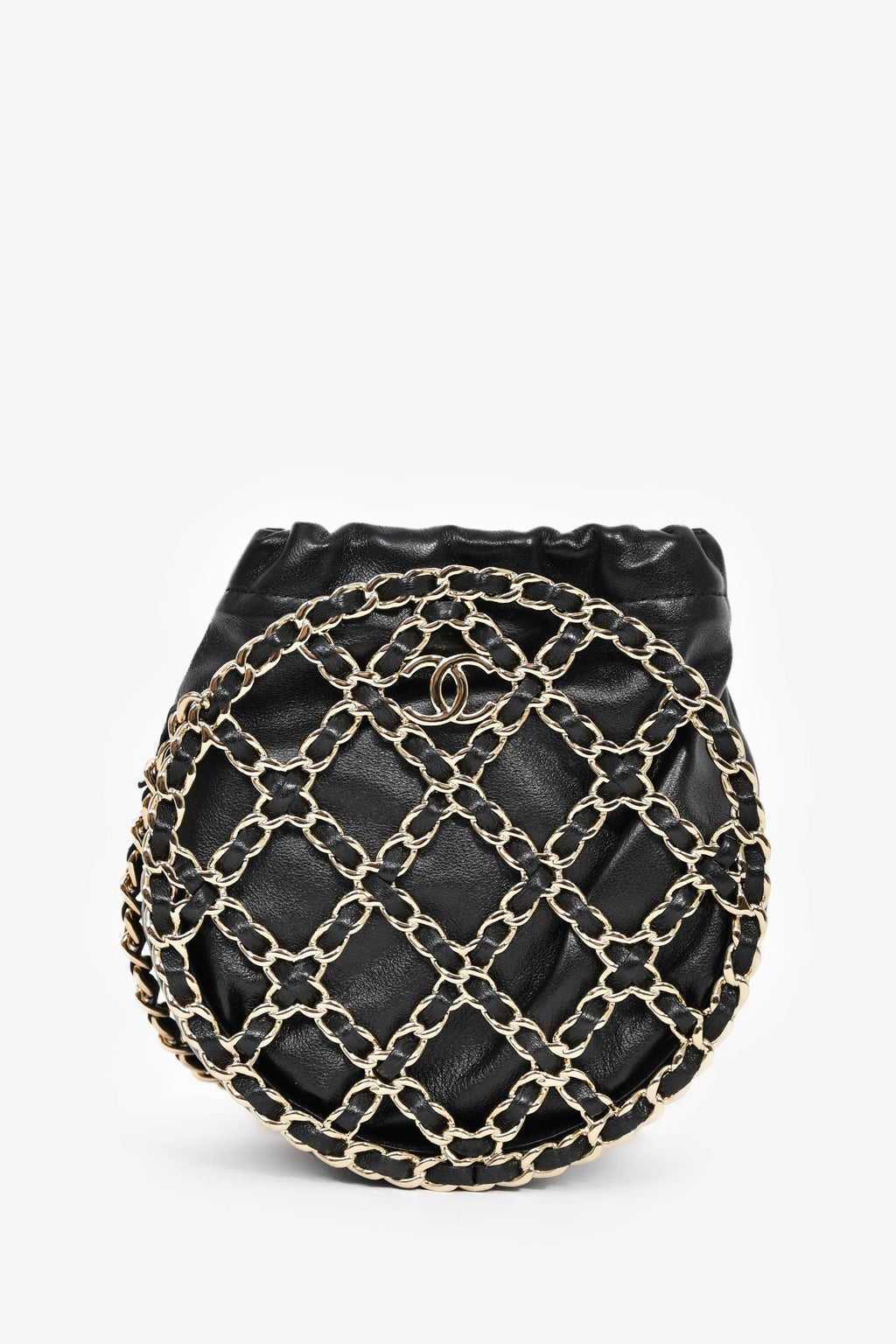Pre-Loved Chanel™ Runway 2022 Black Lambskin Leather CC Logo Round Caged Crossbody Bag