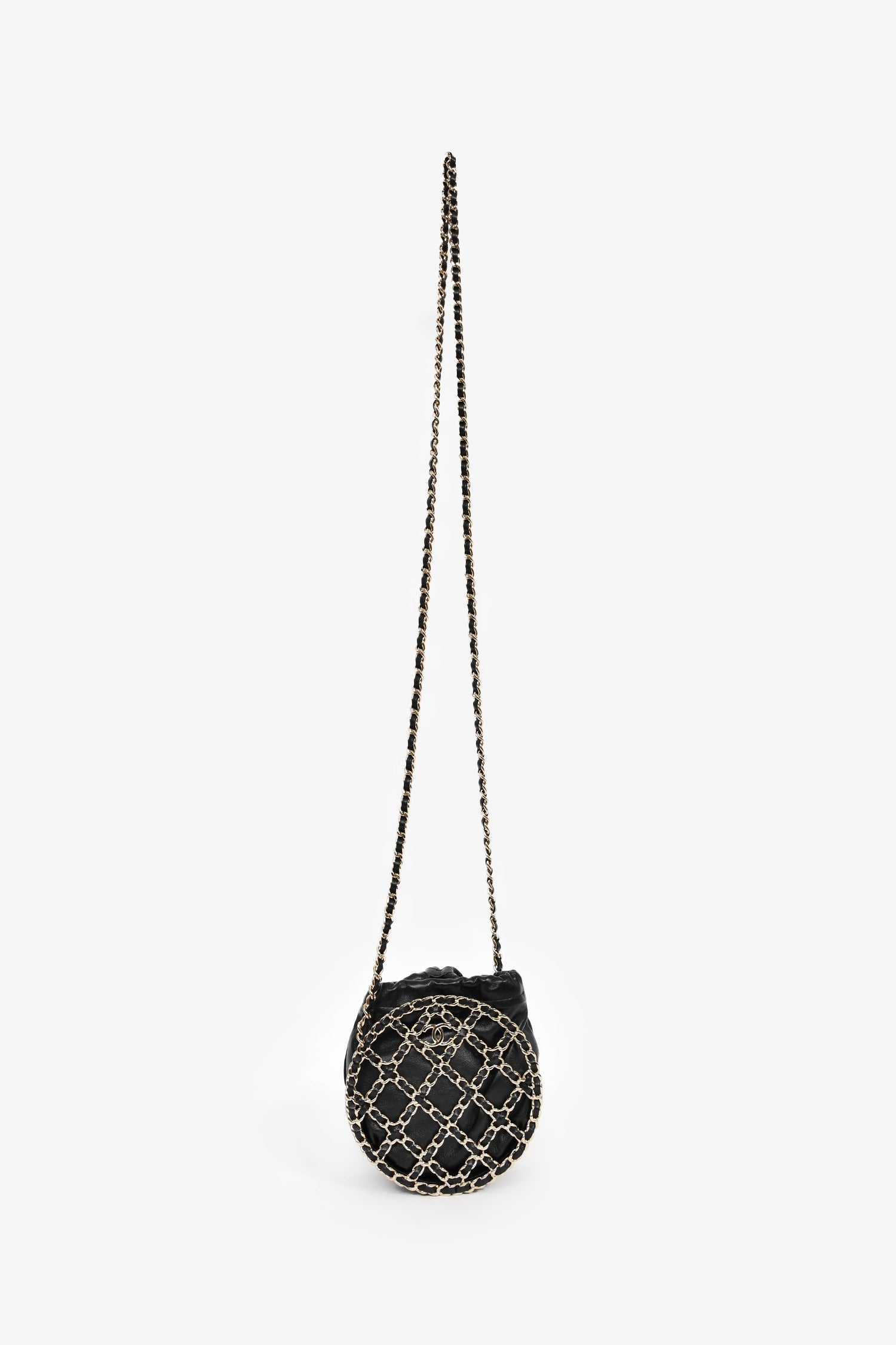 Pre-Loved Chanel™ Runway 2022 Black Lambskin Leather CC Logo Round Caged Crossbody Bag