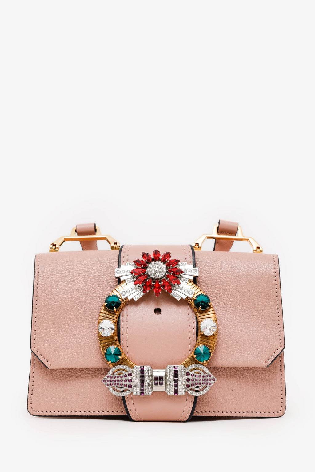 Miu Miu Pink Madras Leather Crystal Embellished Buckle Flap Shoulder Bag