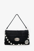 Miu Miu Black Matelasse Nappa Leather Crystal Embellished Shoulder Bag With Strap
