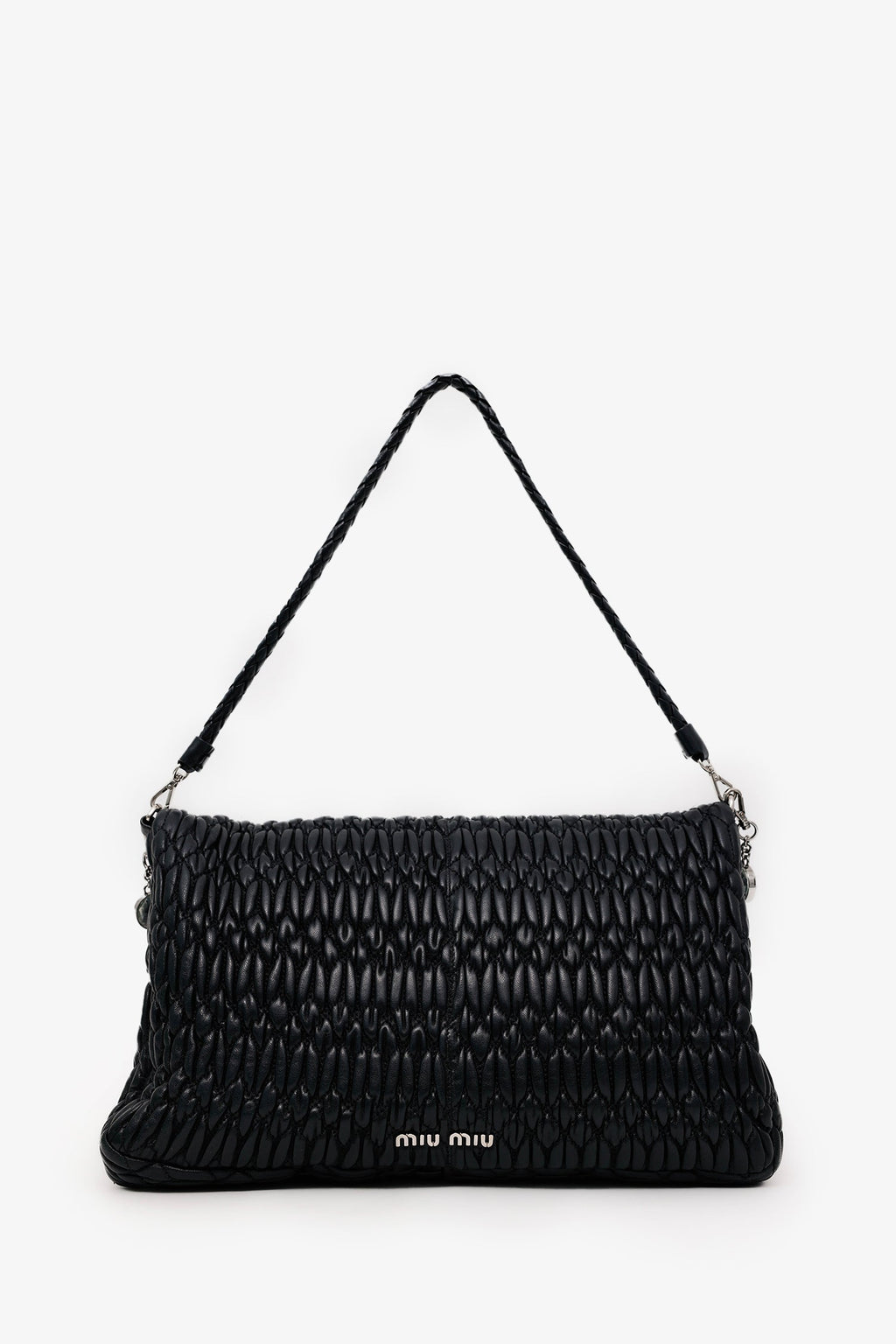 Miu Miu Black Matelasse Nappa Leather Crystal Embellished Shoulder Bag With Strap