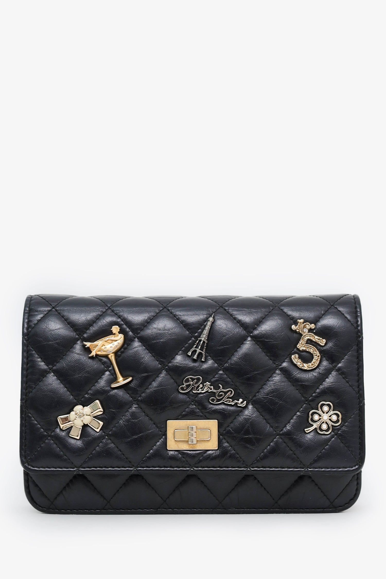 Pre-Loved Chanel™ Black Quilted Aged Calfskin Leather Lucky Charms 2.55 Reissue Wallet on Chain