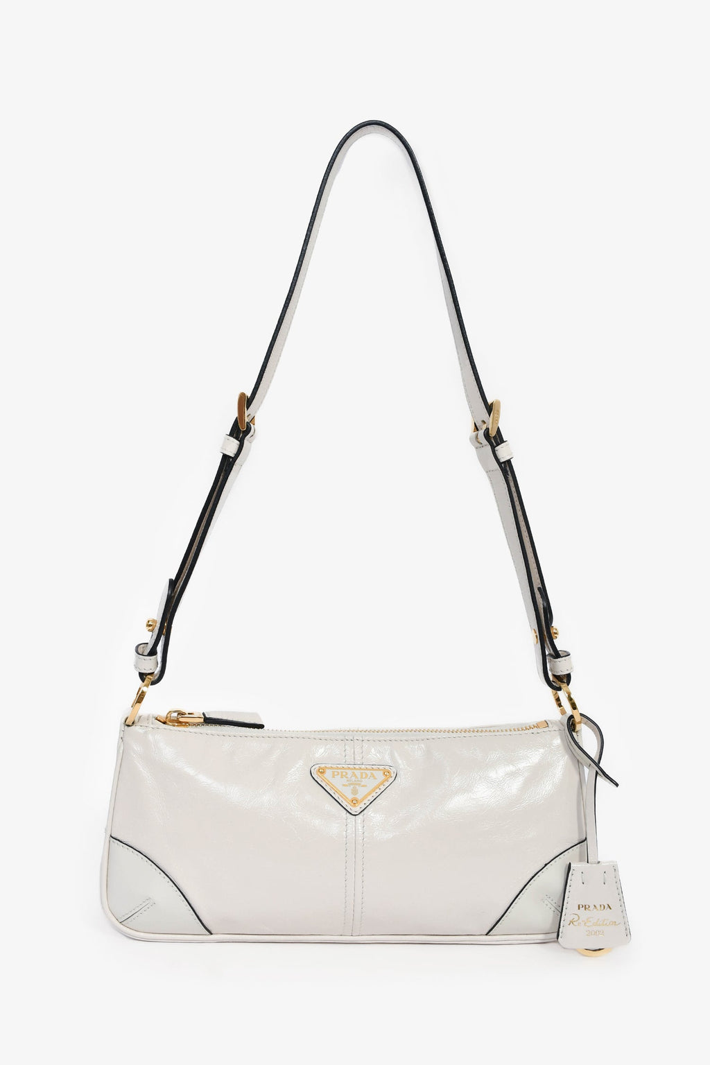 Prada White Leather 'Re-Edition 2002' Medium Shoulder Bag With Chain