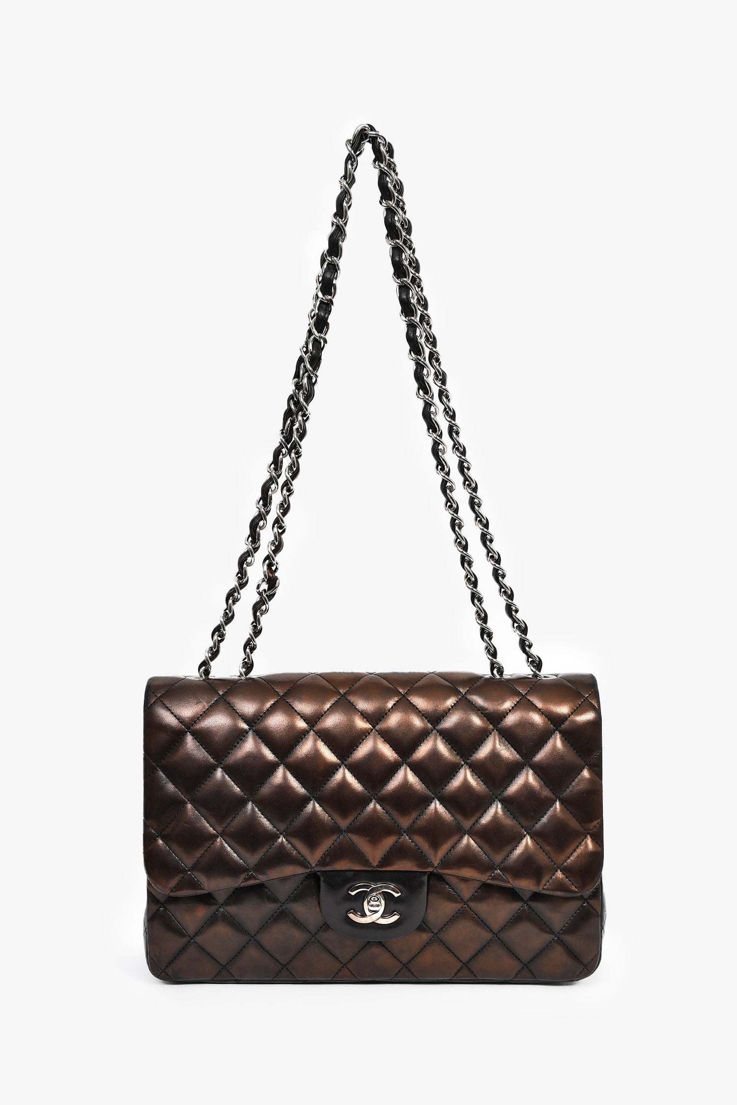 Pre-Loved Chanel™ 2009/2010 Brown/Black Lambskin Leather Metallic Single Flap Jumbo Bag