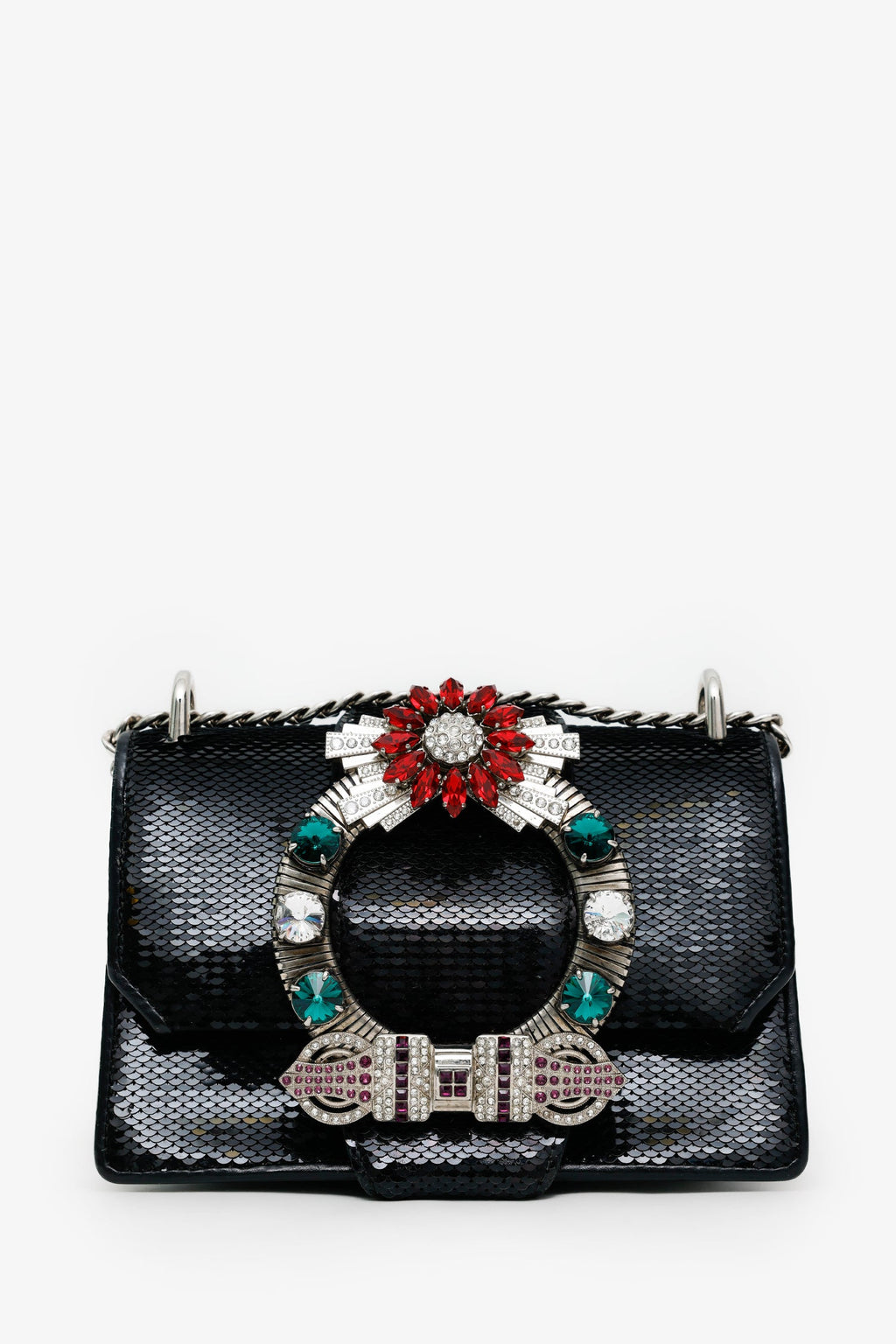 Miu Miu Black Sequin Leather Crystal Embellished Buckle Flap Shoulder Bag