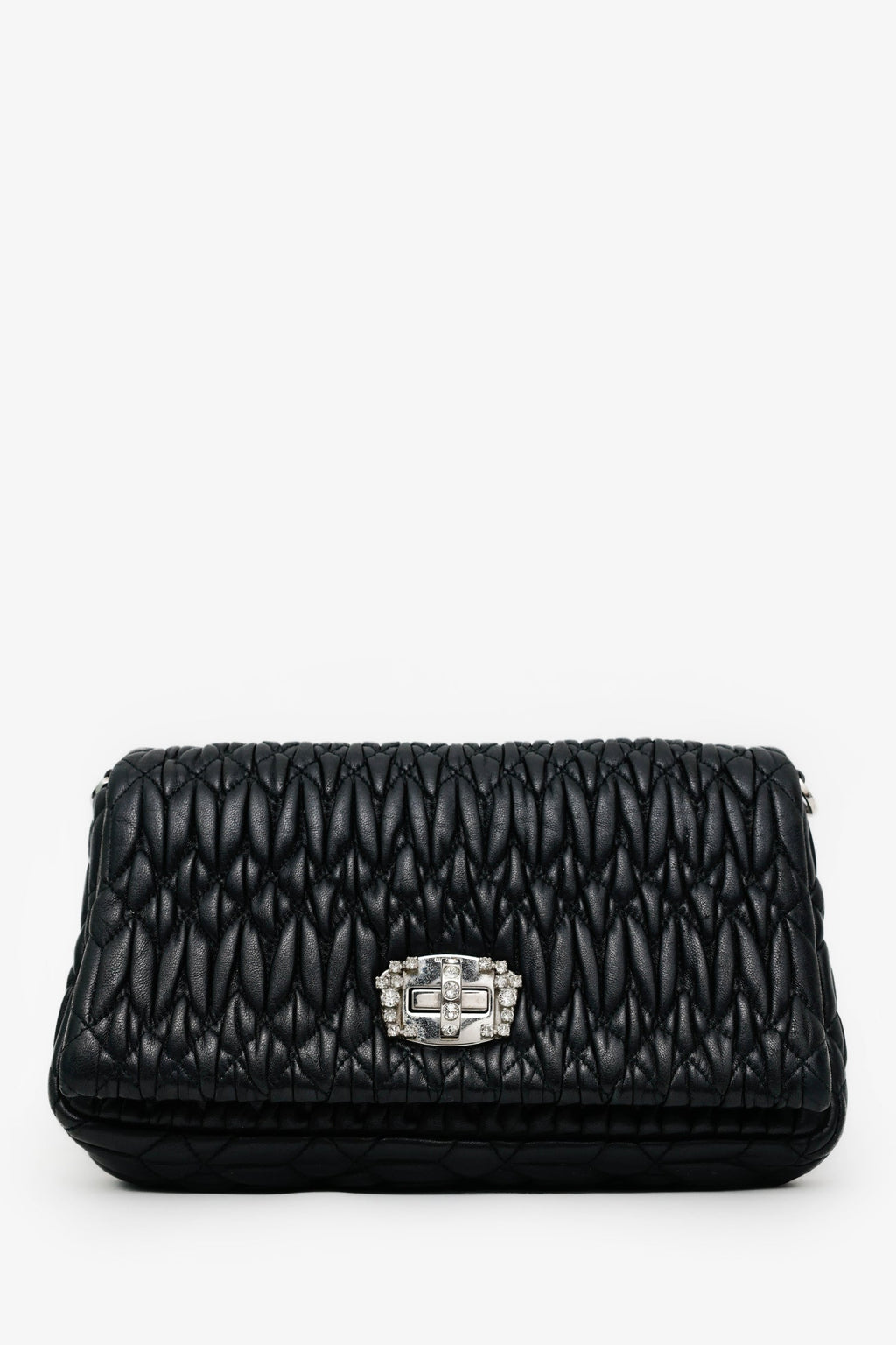 Miu Miu Black Matelasse Nappa Leather Crystal Embellished Shoulder Bag With Strap
