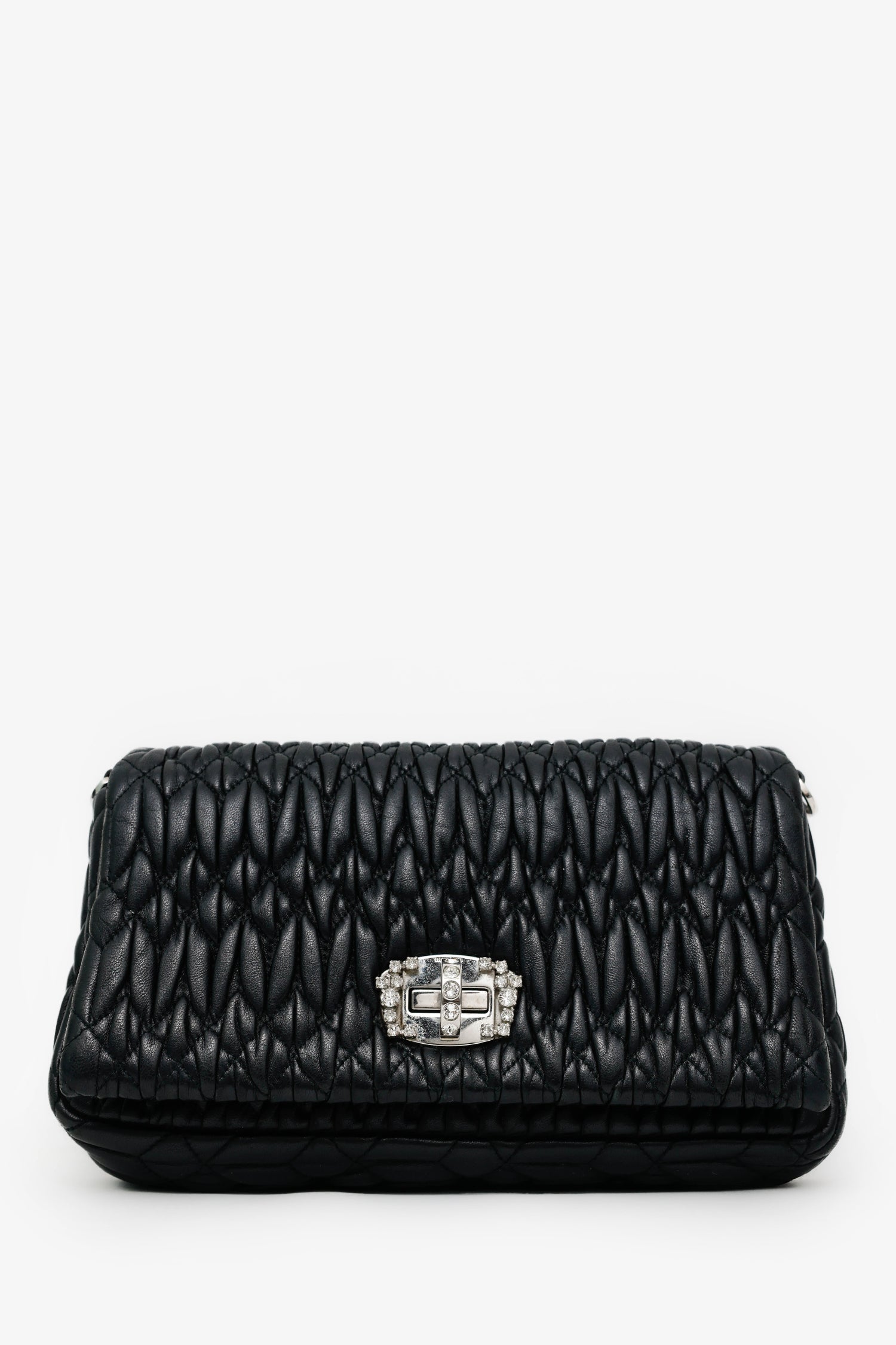 Miu Miu Black Matelasse Nappa Leather Crystal Embellished Shoulder Bag With Strap