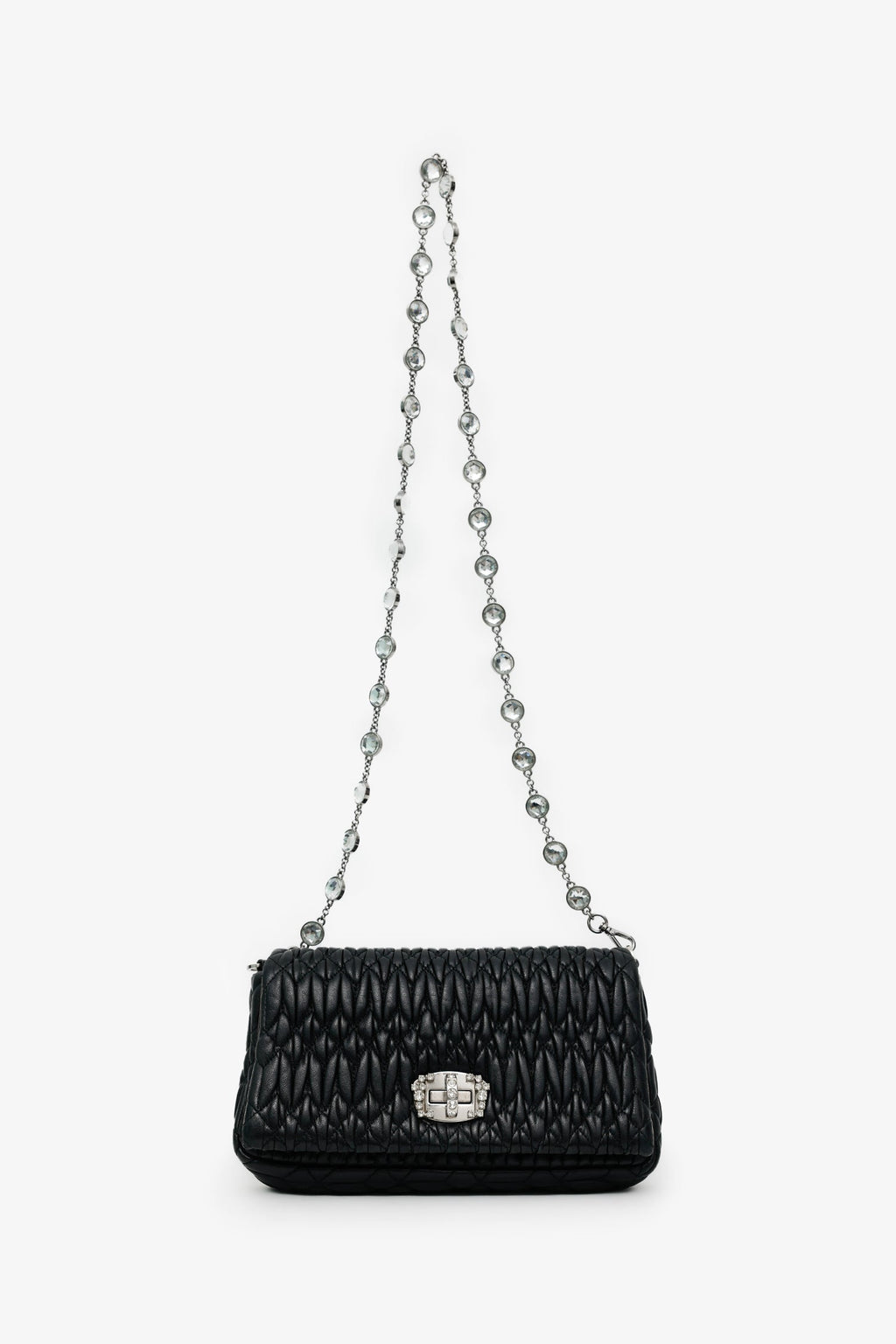 Miu Miu Black Matelasse Nappa Leather Crystal Embellished Shoulder Bag With Strap