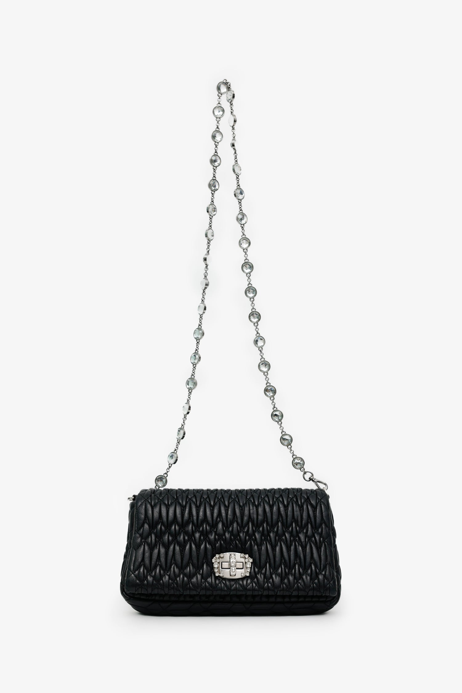 Miu Miu Black Matelasse Nappa Leather Crystal Embellished Shoulder Bag With Strap