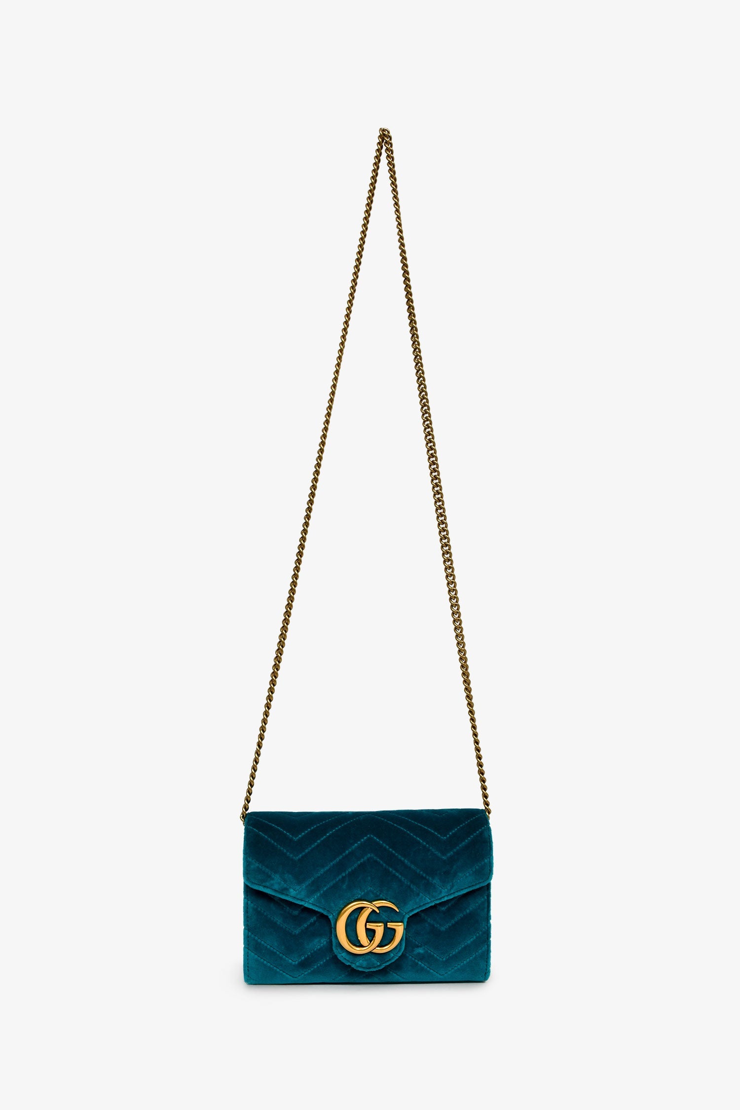 Gucci Teal Blue Velvet GG Matelasse Marmont Wallet on Chain