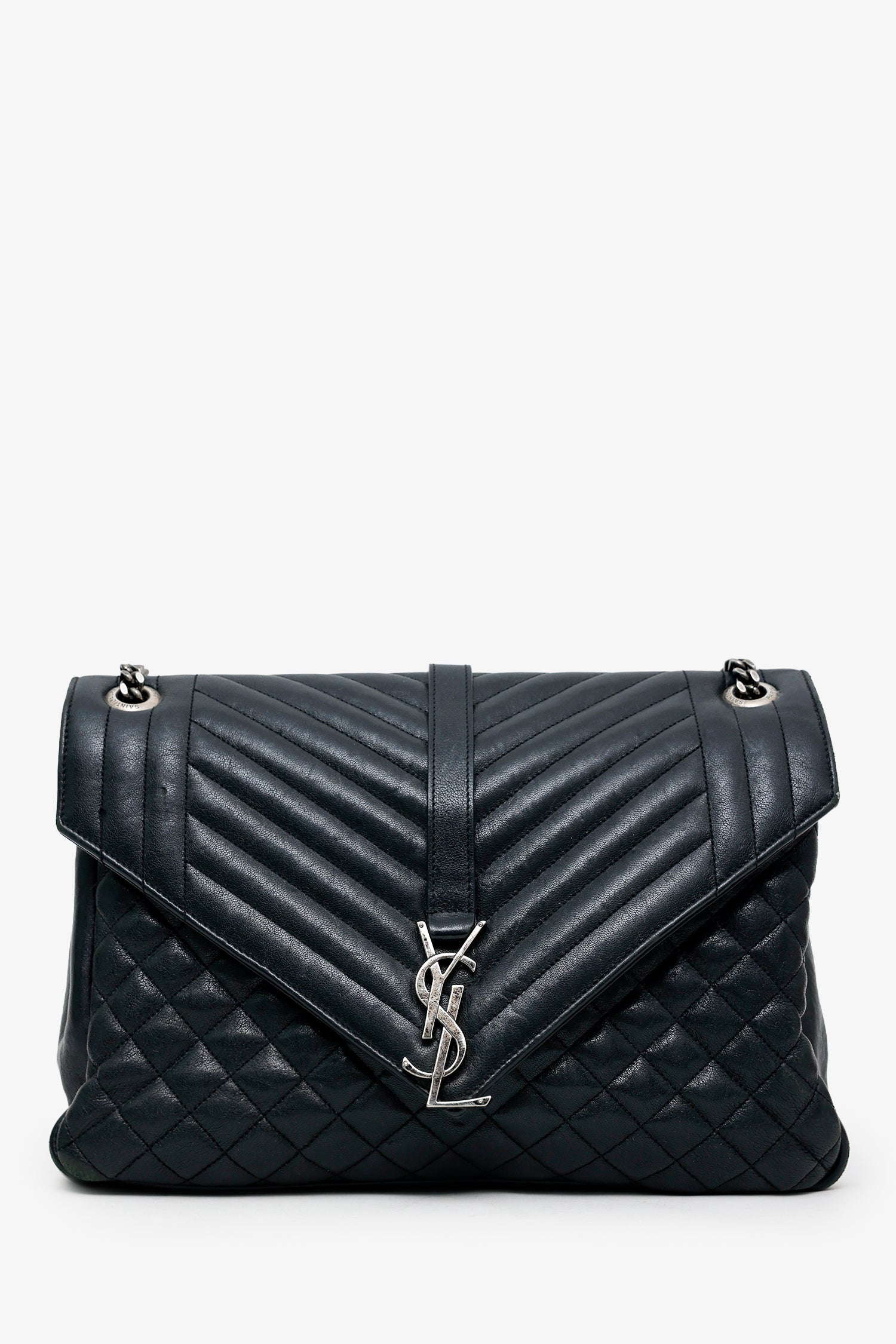 Saint Laurent Black Chevron Tri-Quilted Leather Monogram Large College Bag