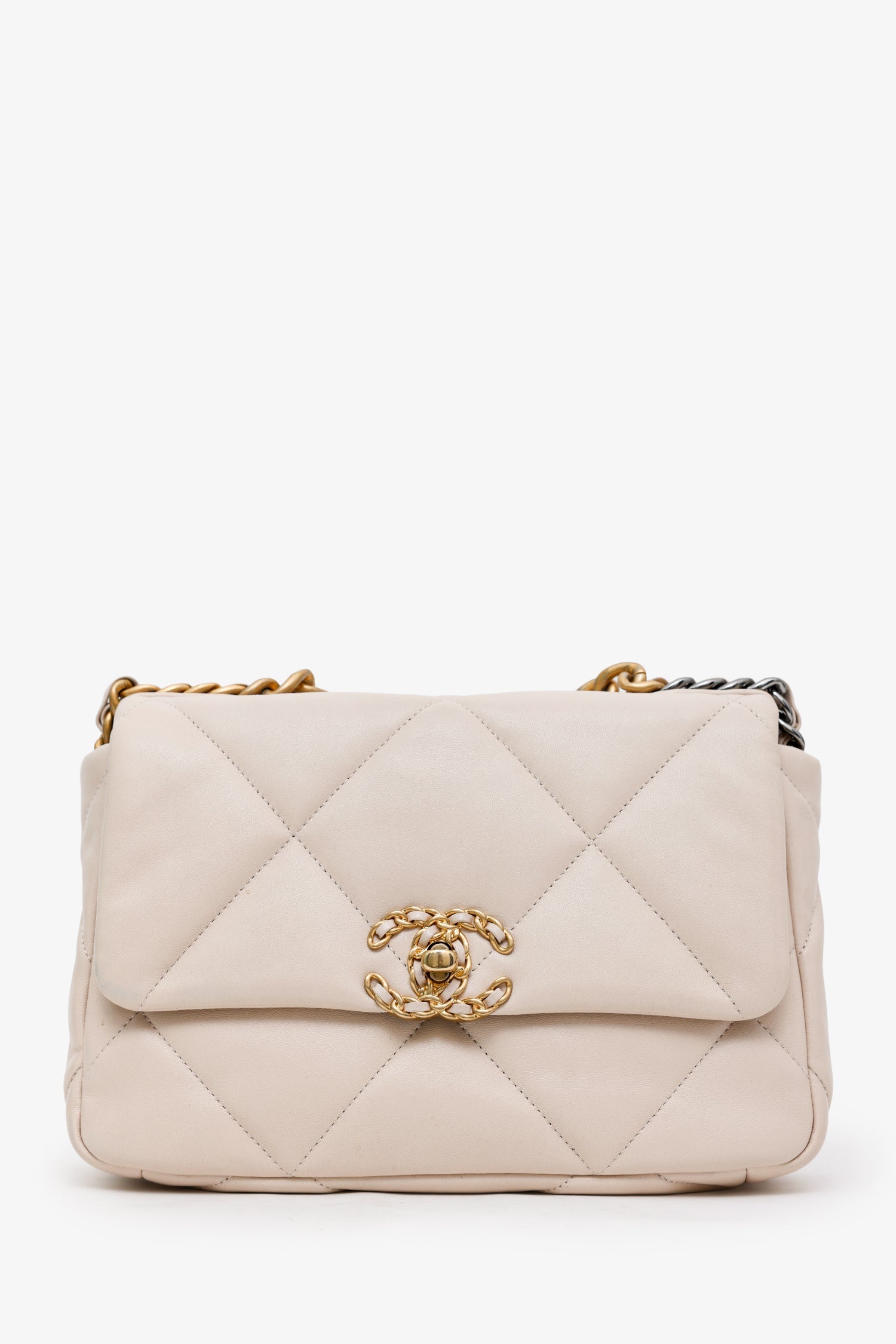 Pre-Loved Chanel™ 2022 Beige Goatskin Leather 'Chanel 19' Small Flap Shoulder Bag