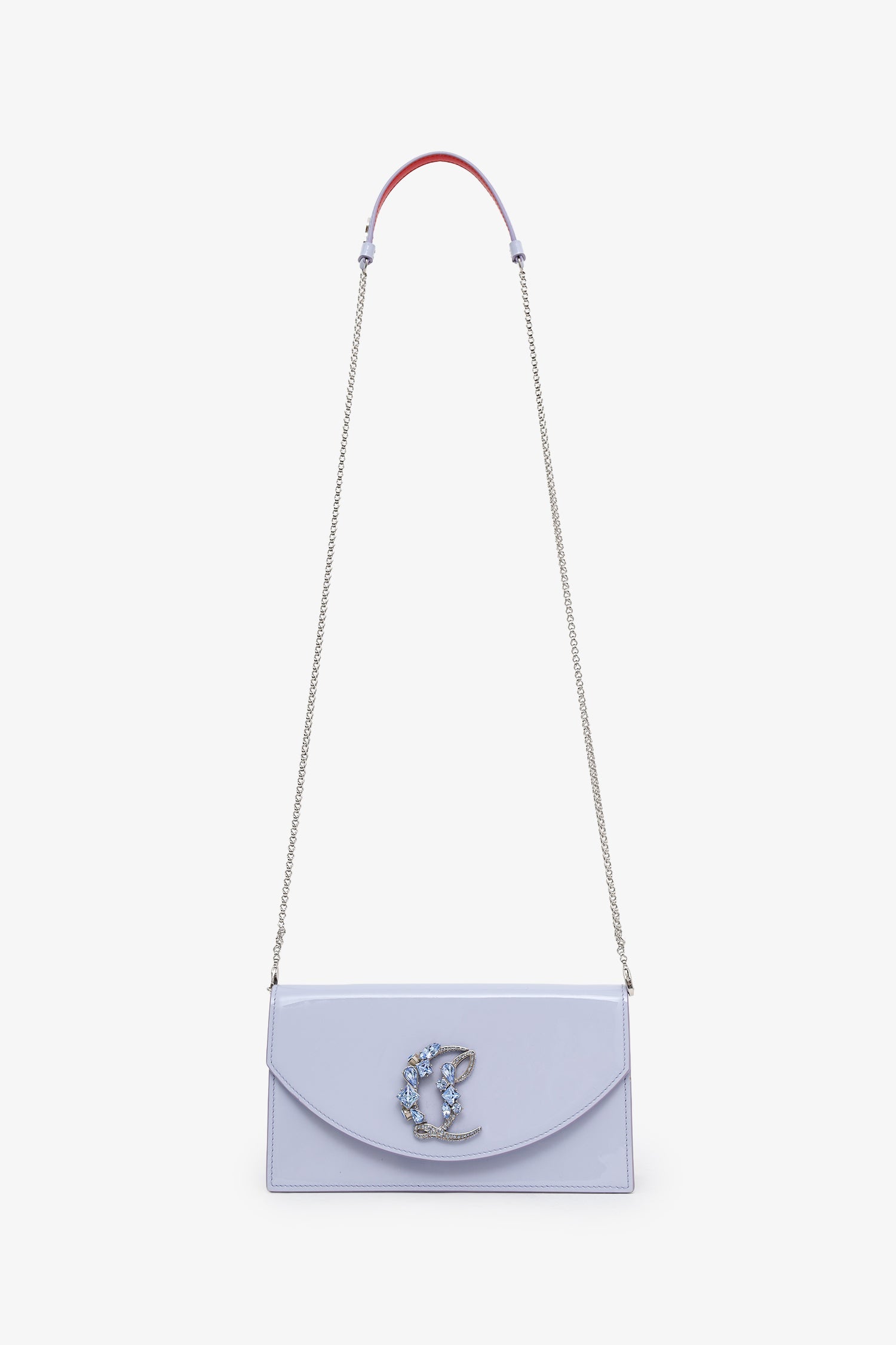 Christian Louboutin Purple Patent Leather Loubi54 Strass Logo Clutch With Chain