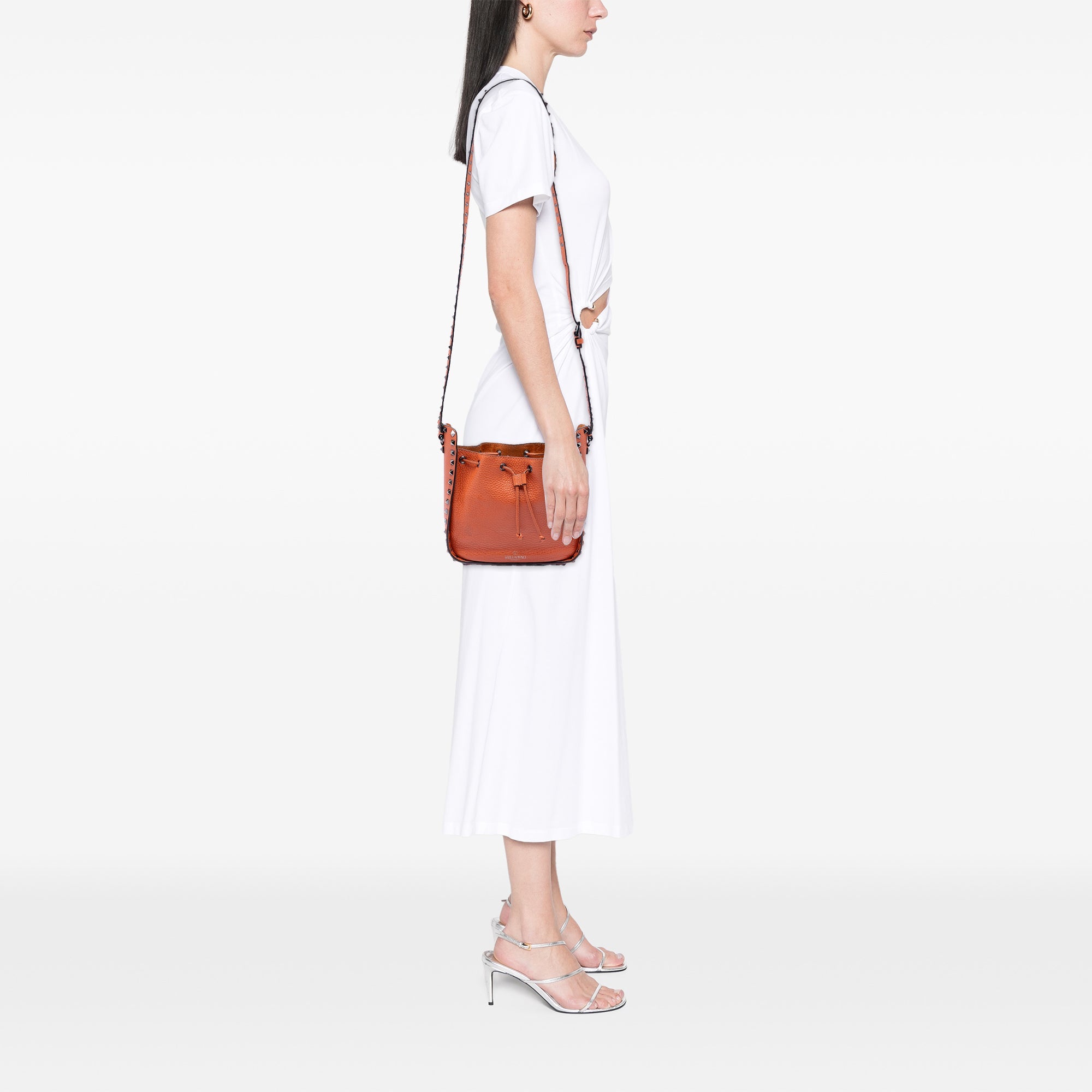 Rockstud Drawstring Bucket Bag Leather Small