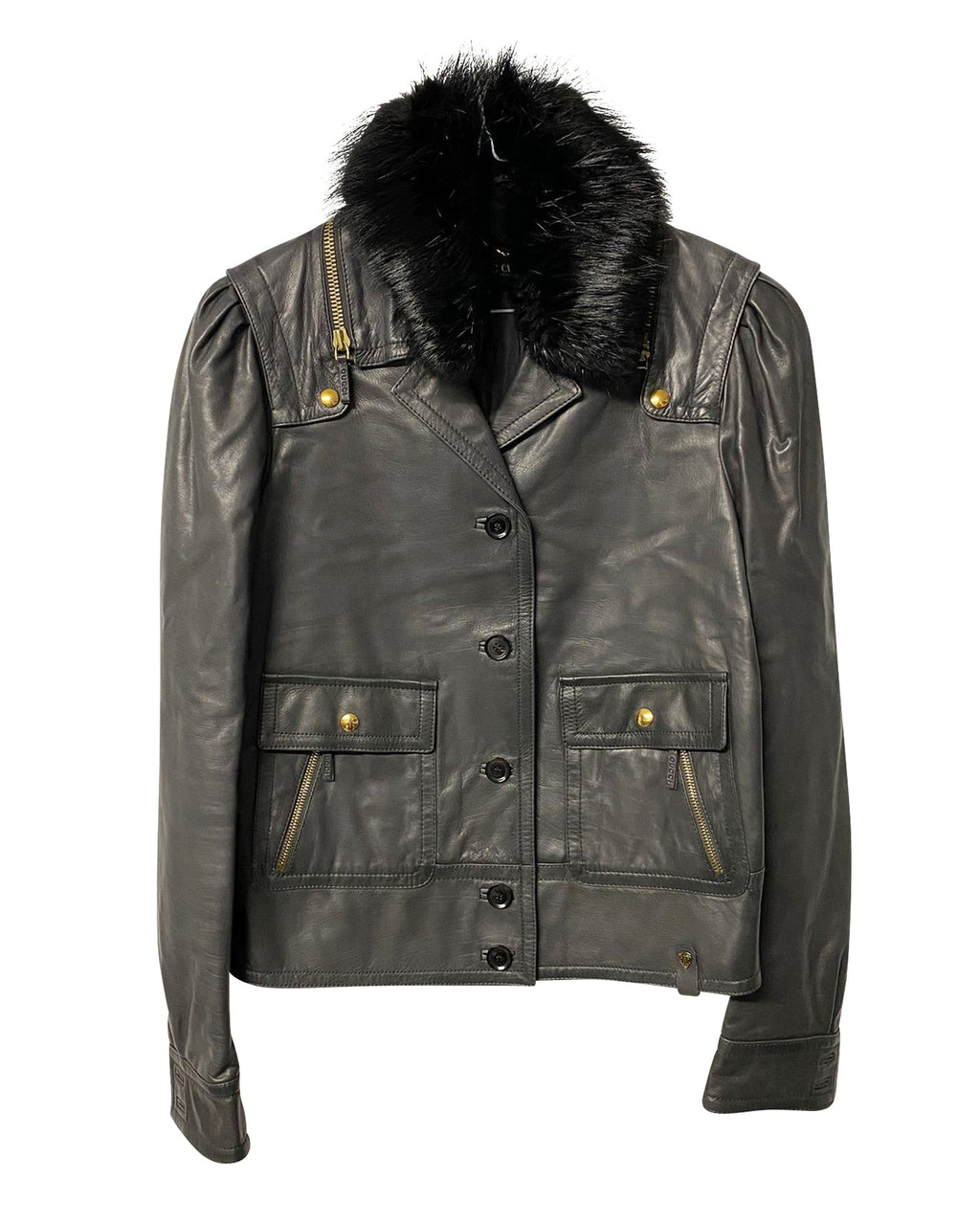 Women's Gucci Jacket with Fur Collar Detail in Black Leather