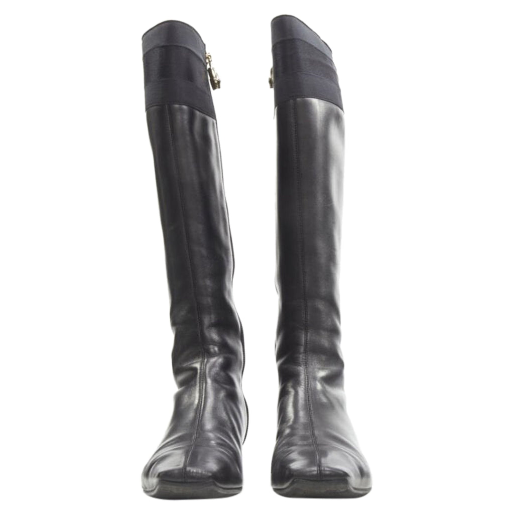 Women's Gucci web trim leather bamboo charm zip riding boots