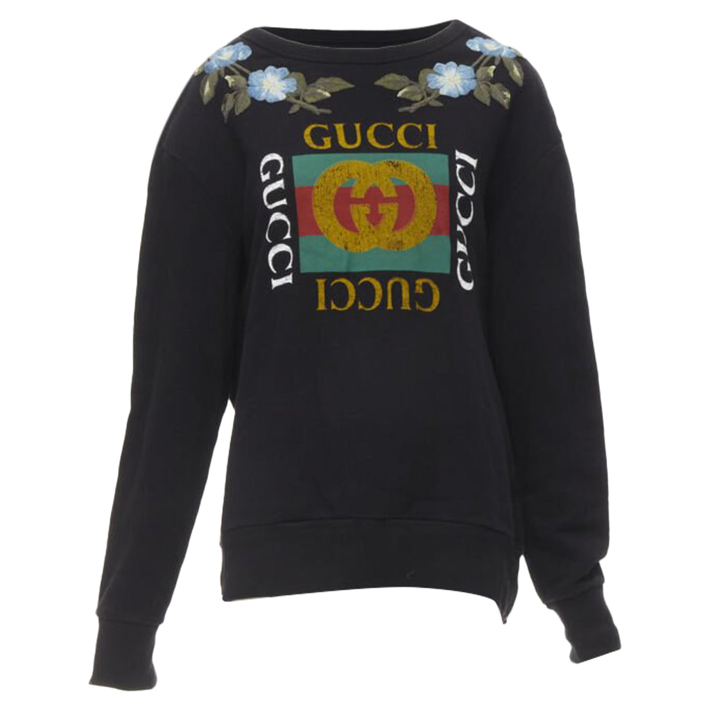 Women's Gucci Floral Embroidered Logo Loved Studded Distressed Sweatshirt